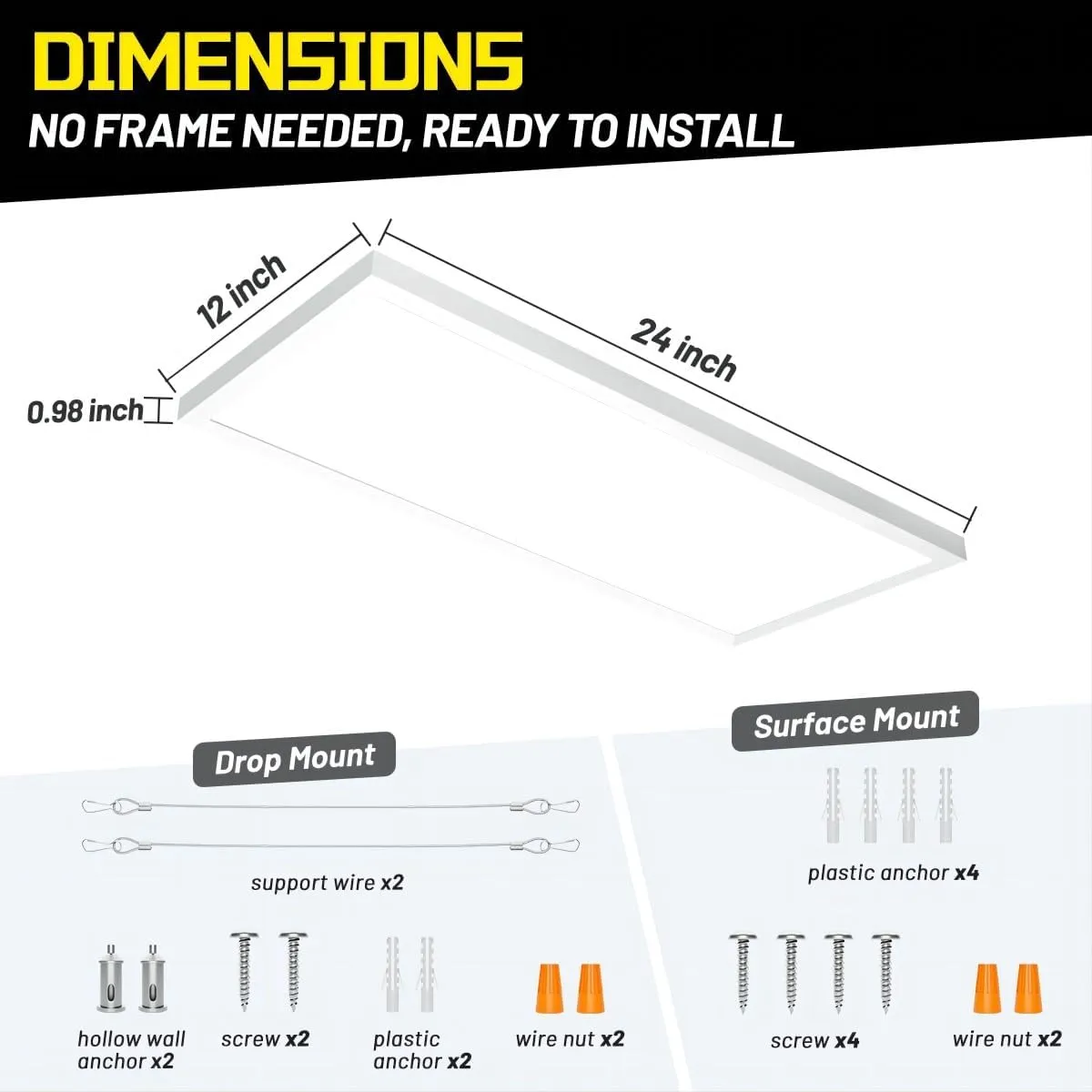 1x2 LED Flat Panel Surface Mount 2-Pack, Dimmable 24W 2880LM Ceiling Light with 5CCT (3000K-6000K), Ideal for Office, Home, Garage