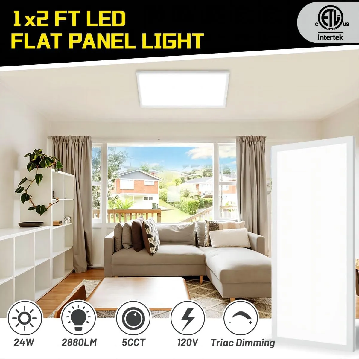 1x2 LED Flat Panel Surface Mount 2-Pack, Dimmable 24W 2880LM Ceiling Light with 5CCT (3000K-6000K), Ideal for Office, Home, Garage