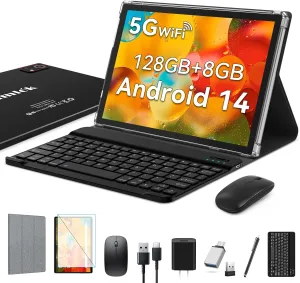 2025 Latest Android 14 Tablet, 10 Inch, 128GB 8GB 512GB Expandable, Octa-Core Processor, 2 in 1 with Keyboard Case Mouse, 7000mAh Battery, 5G WiFi, Dual Camera, BT5.0