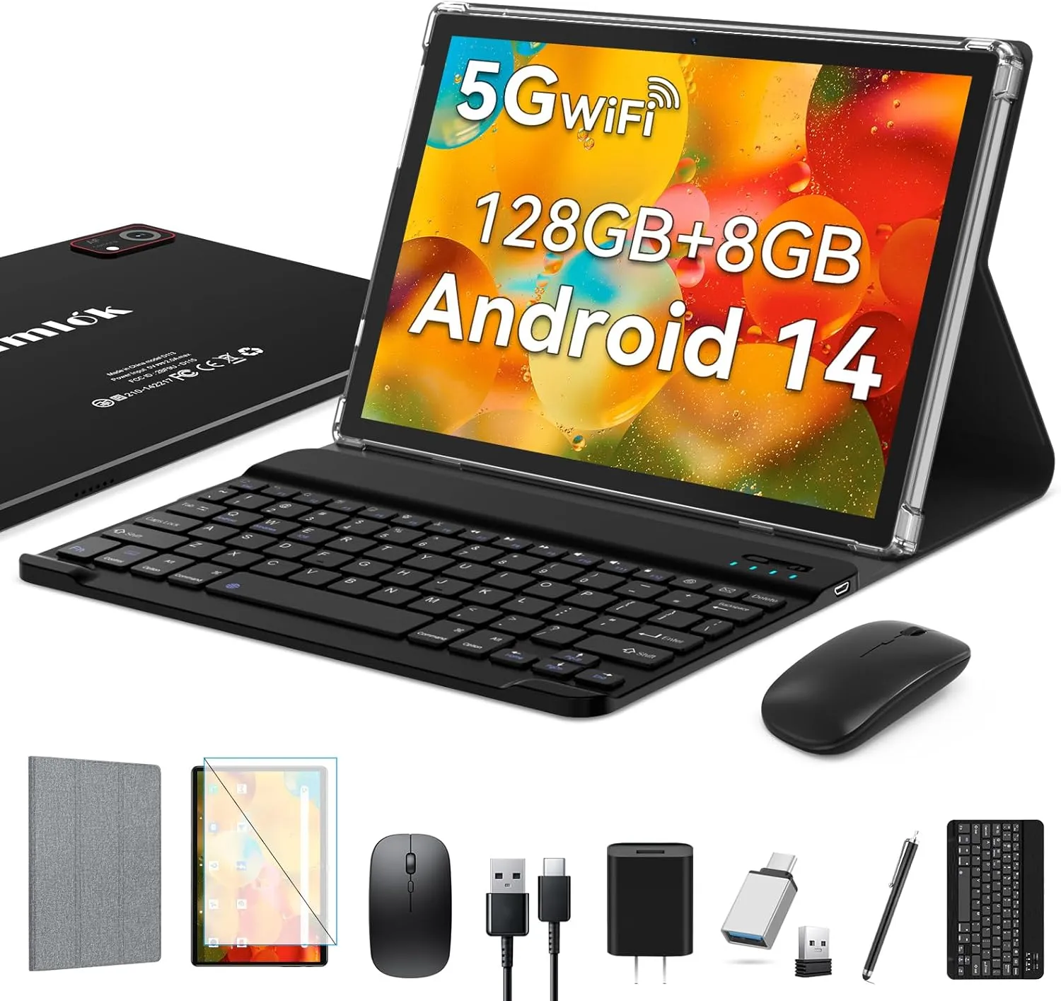 2025 Latest Android 14 Tablet, 10 Inch, 128GB 8GB 512GB Expandable, Octa-Core Processor, 2 in 1 with Keyboard Case Mouse, 7000mAh Battery, 5G WiFi, Dual Camera, BT5.0