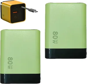 3 in 1 Gan Charger, Retractable Phone Charger Wall Plug Scalable 80w Max Fast Charging Module, Type C Cable and 2 USB Ports for iPhone, Phone and Laptops (Green, 2 pcs)