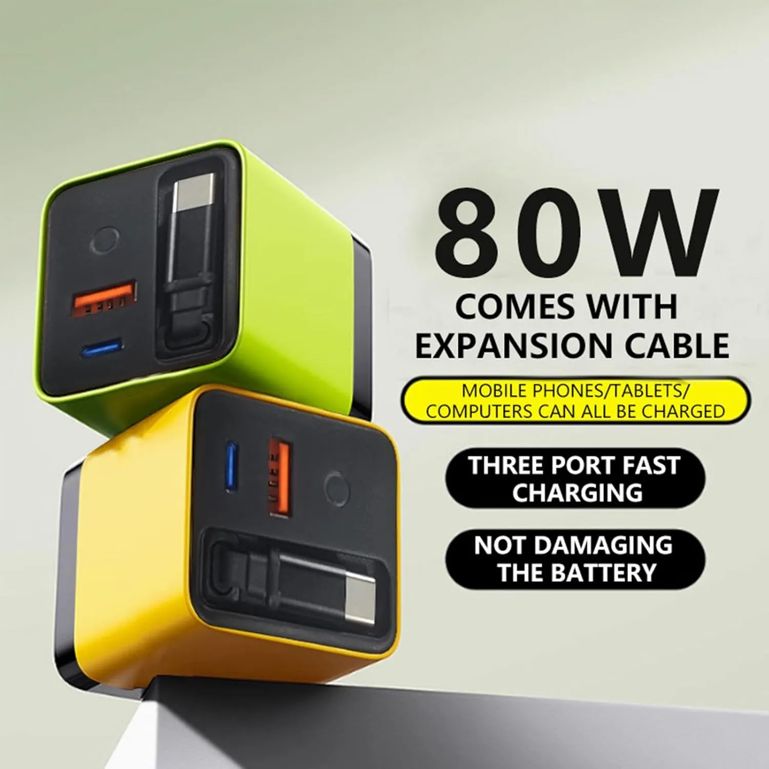 3 in 1 Gan Charger, Retractable Phone Charger Wall Plug Scalable 80w Max Fast Charging Module, Type C Cable and 2 USB Ports for iPhone, Phone and Laptops (Green, 2 pcs)