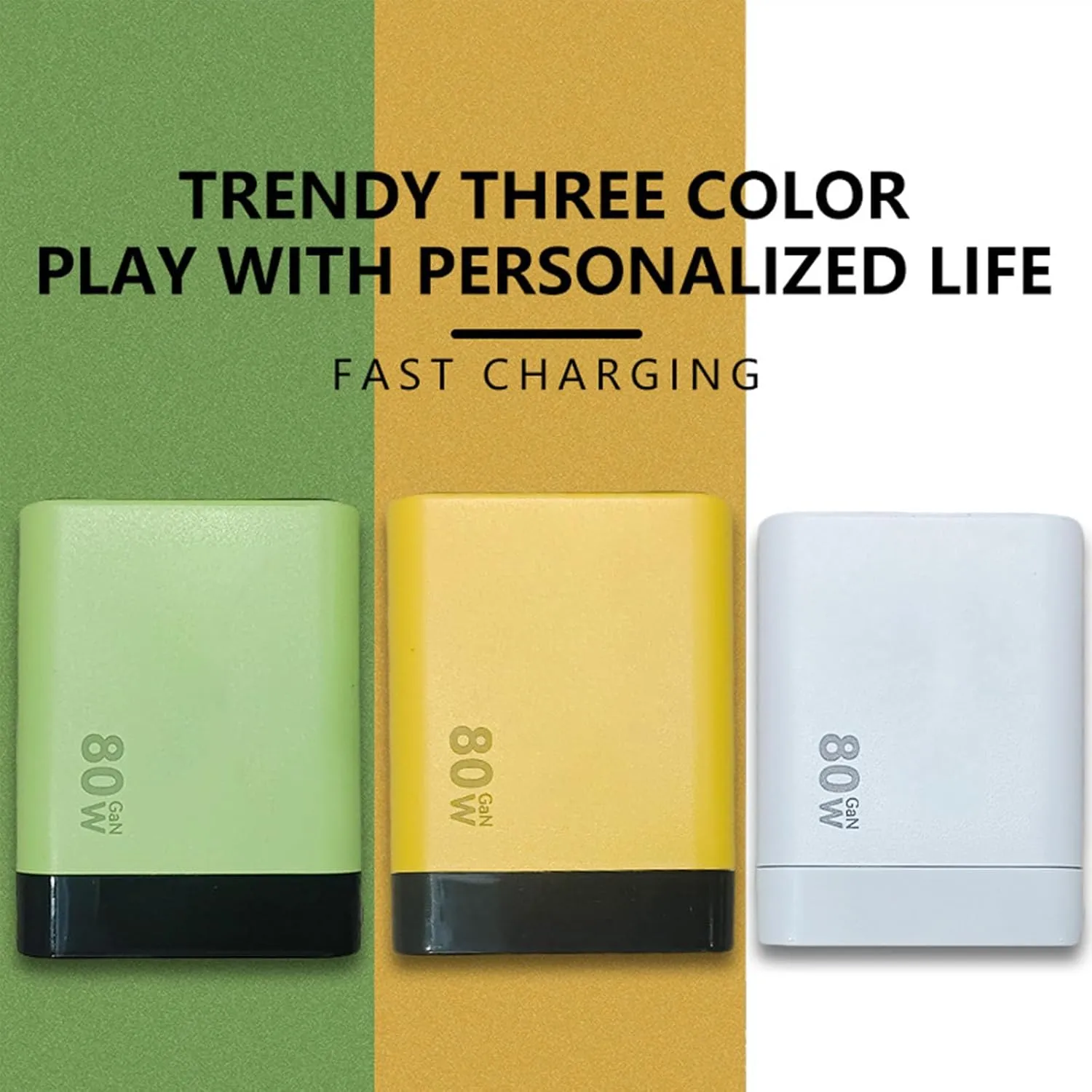 3 in 1 Gan Charger, Retractable Phone Charger Wall Plug Scalable 80w Max Fast Charging Module, Type C Cable and 2 USB Ports for iPhone, Phone and Laptops (Green, 2 pcs)