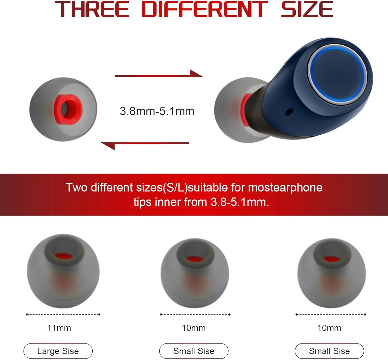 3 Pairs Replacement Silicone Eartips Earbuds Eargels Compatible with JBL TUNE120 TUNE125 T120 T125 TWS Earphones-Grey&Red
