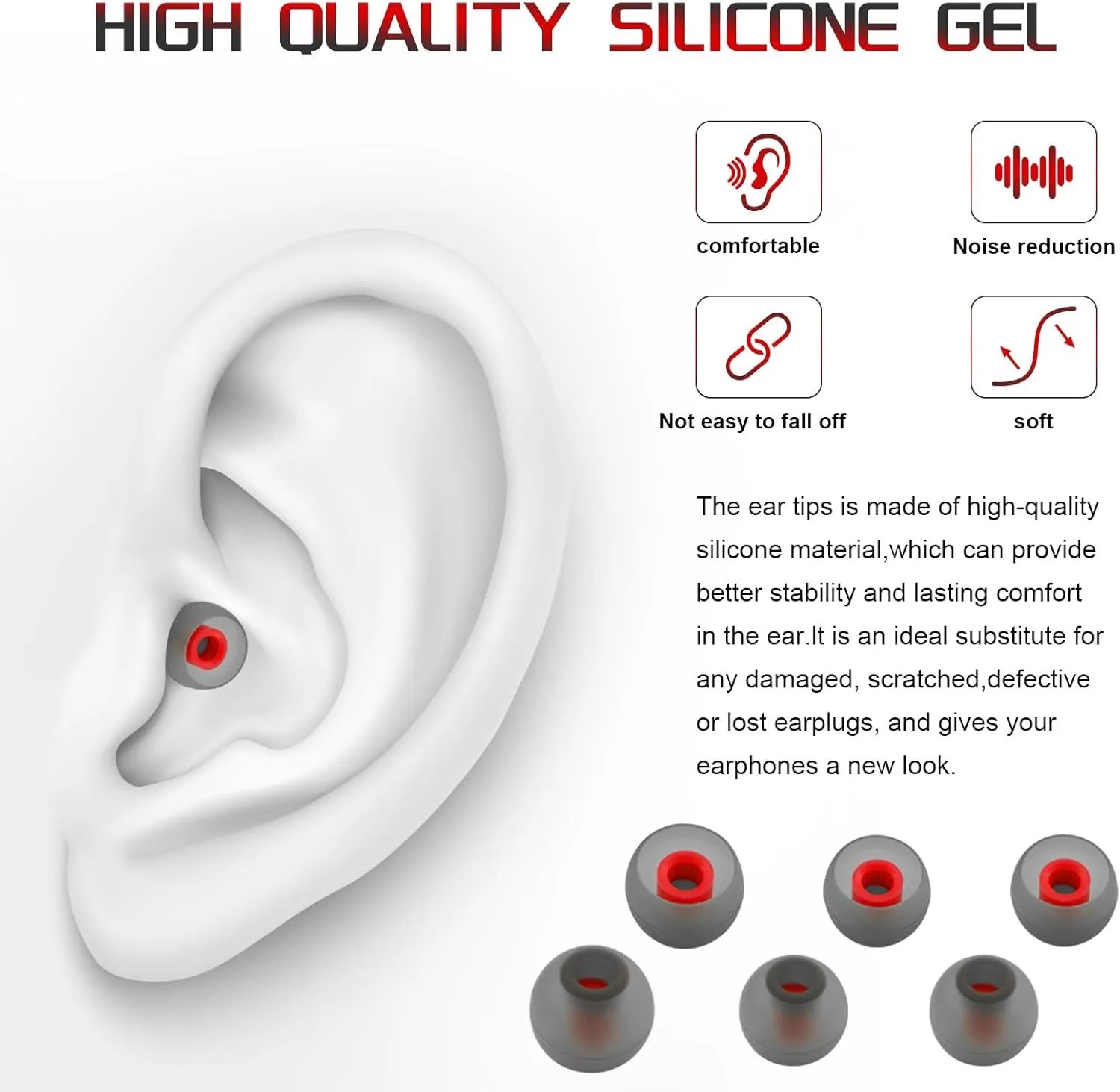 3 Pairs Replacement Silicone Eartips Earbuds Eargels Compatible with JBL TUNE120 TUNE125 T120 T125 TWS Earphones-Grey&Red