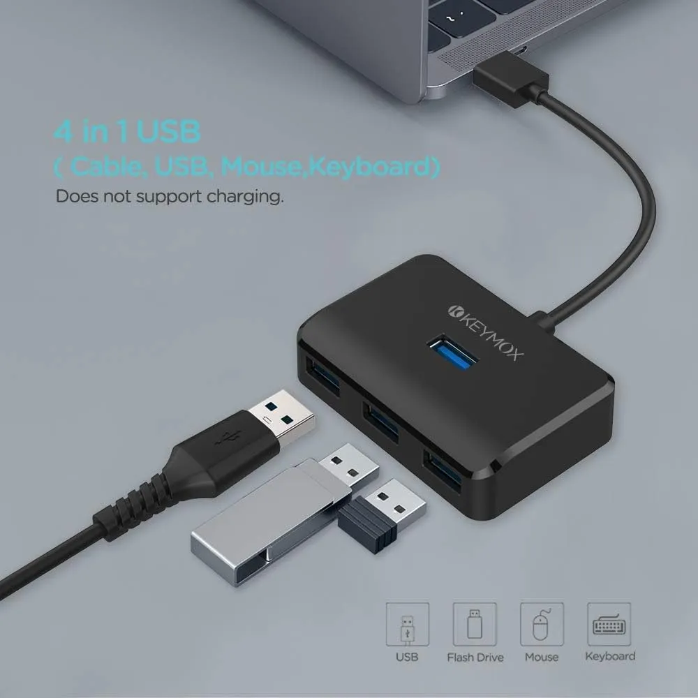 4-Port USB 3.0 Hub, KEYMOX Compact Size Data USB Hub for MacBook, Mac Pro, Mac mini, iMac, Surface Pro, XPS, PC, Flash Drive, Mobile HDD (Charging Not Supported), Black