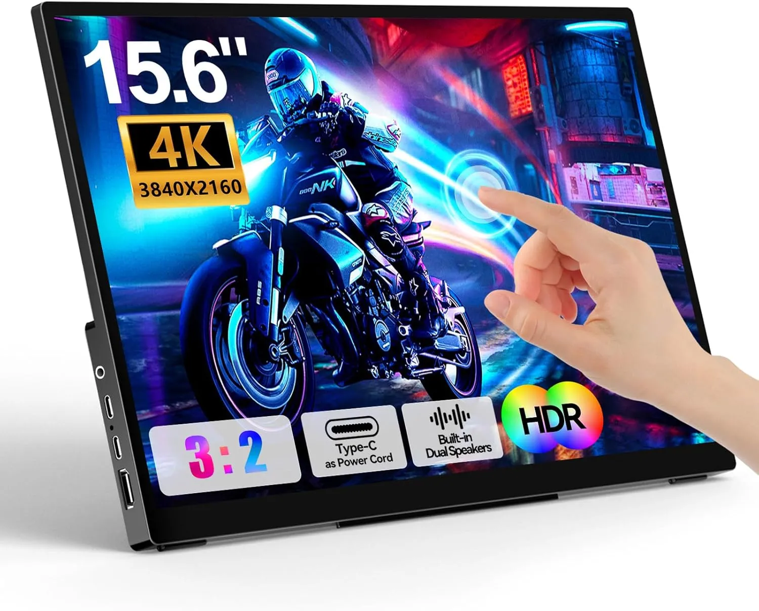 4K Portable Touch Monitor, 15.6" inch 3840 * 2160 UHD w/USB-C HDMI Laptop Monitor, 2000:1 100% RGB IPS Aluminum Alloy Shell,10-Point TouchDual Speaker, HDR, for Home, Work