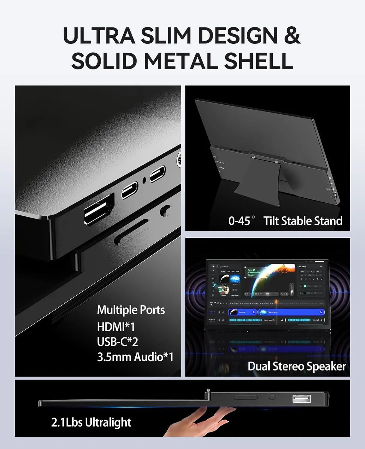 4K Portable Touch Monitor, 15.6" inch 3840 * 2160 UHD w/USB-C HDMI Laptop Monitor, 2000:1 100% RGB IPS Aluminum Alloy Shell,10-Point TouchDual Speaker, HDR, for Home, Work