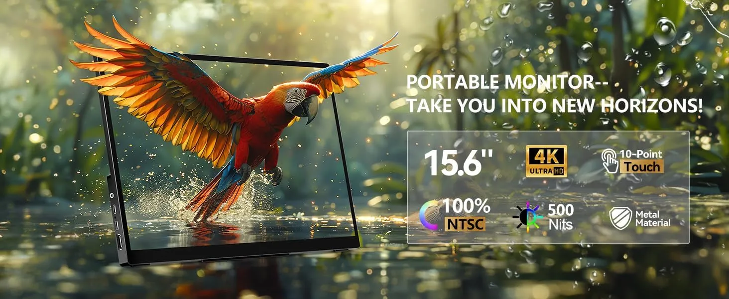 4K Portable Touch Monitor, 15.6" inch 3840 * 2160 UHD w/USB-C HDMI Laptop Monitor, 2000:1 100% RGB IPS Aluminum Alloy Shell,10-Point TouchDual Speaker, HDR, for Home, Work