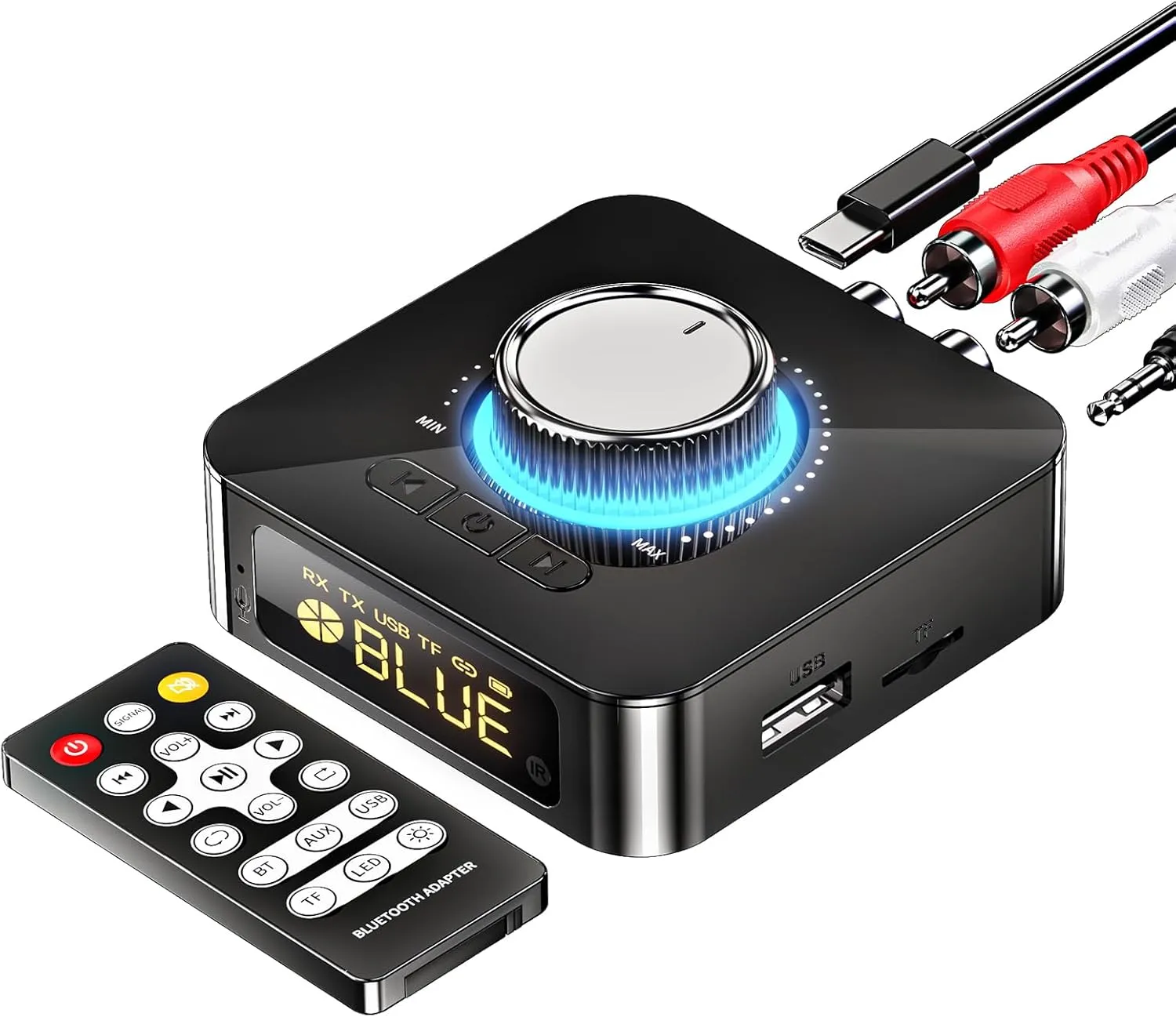 5.0 Bluetooth Audio Receiver Transmitter, Wireless Audio Adapter for Speakers, TVs, PCs, CDs, Computers, and Other Home Stereo Speakers, Supports 3.5mm AUX, RCA, USB, and TF Card Playback