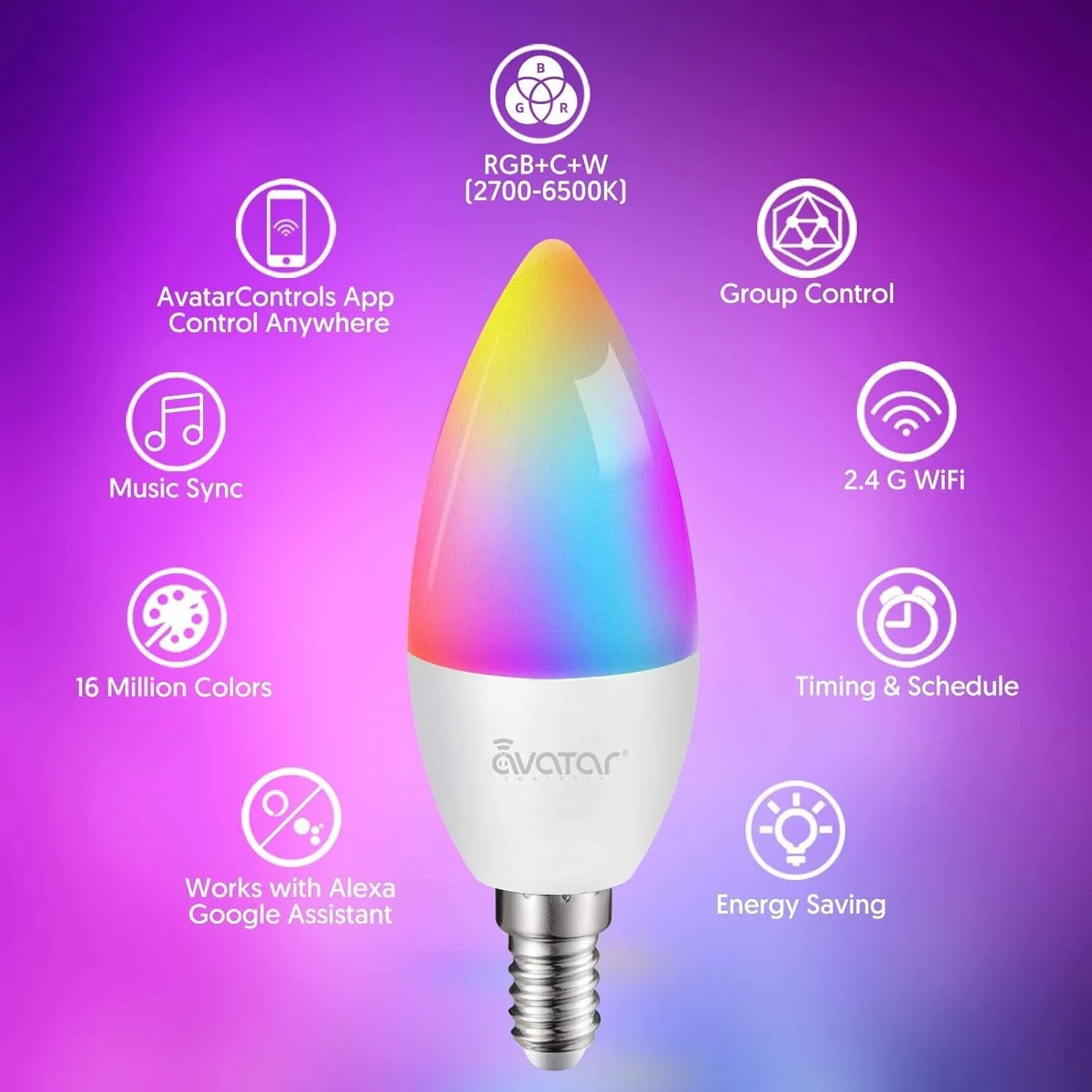 6 Pack E12 Smart Bulbs, Alexa WiFi Candelabra Smart Light Bulbs 5W 2700K-6500K Color Changing Dimmable RGBCW, Music Timer Ceiling Fan Smart B11 Candle Base Small LED Light Bulb, 2.4GHz WiFi