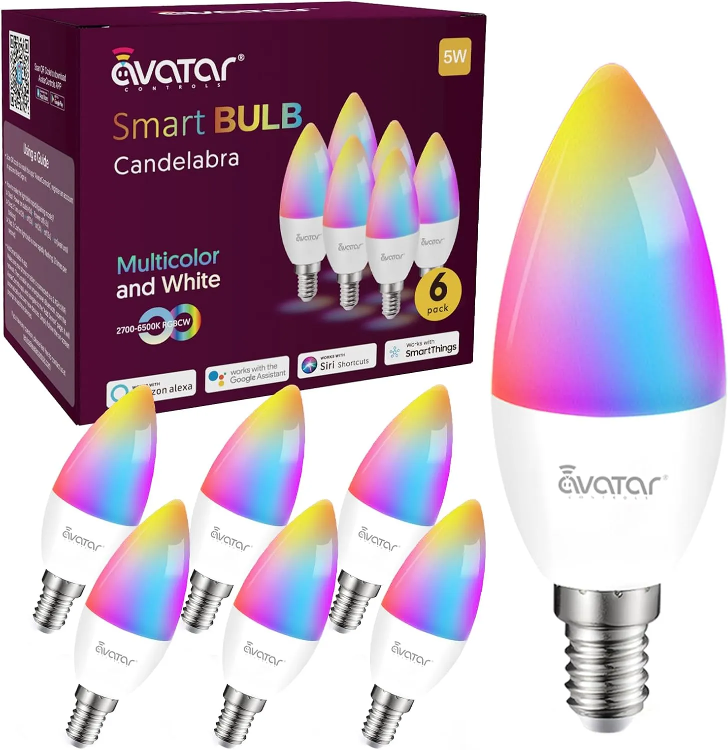 6 Pack E12 Smart Candelabra Light Bulbs  RGB   Tunable White Smart LED Bulb Music Sync, Schedule & Group Control, WiFi Candle Bulbs Compatible with Alexa & Google Home for Chandelier, 5W (50W Eq.)