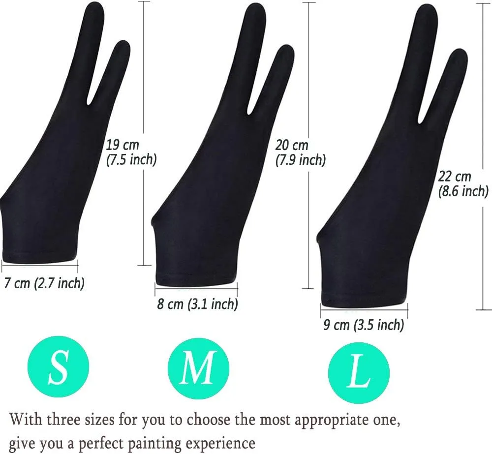 6 Pieces Artist Glove for Drawing Tablet (S M L), Two-Finger Tablet Drawing Gloves, Digital Artist Gloves for Graphics Pen Drawing Tablet Monitor Painting-Three Size in One (Black/Blue)