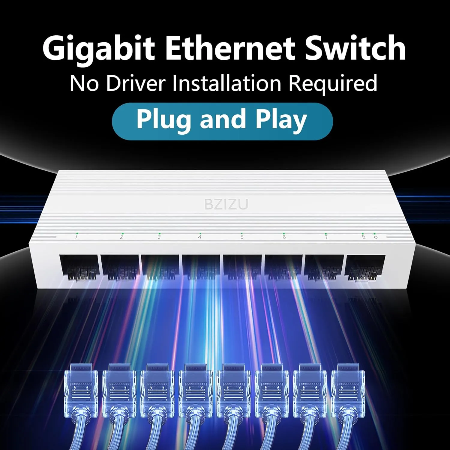 8-Port Gigabit Ethernet Switch, Plug and Play unmanaged Network Splitter, Small Desktop Size, IGMP Support, fanless Silent Design, White Plastic Shell