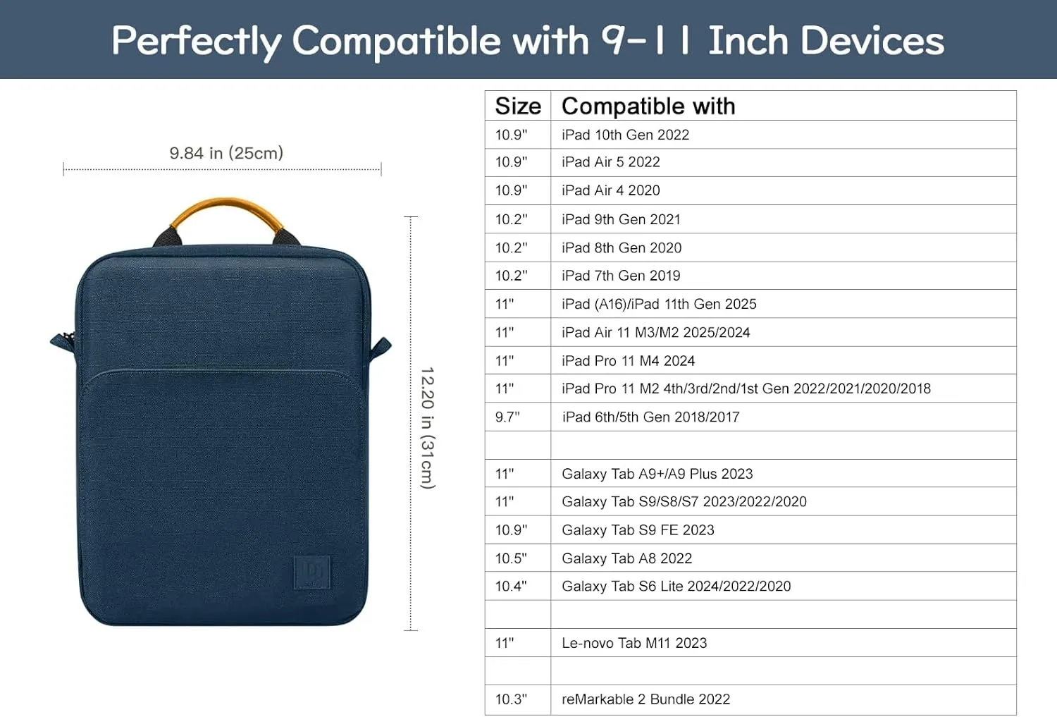 9-11 Inch Tablet Sleeve Bag Carrying Case with Shoulder Strap for iPad 10th Gen 10.9", iPad (A16) 11", i Pad 9/8/7th 10.2", i Pad Air/Pro 11", i-Pad Air 5/4, Galaxy Tab A9  Plus 11", Indigo