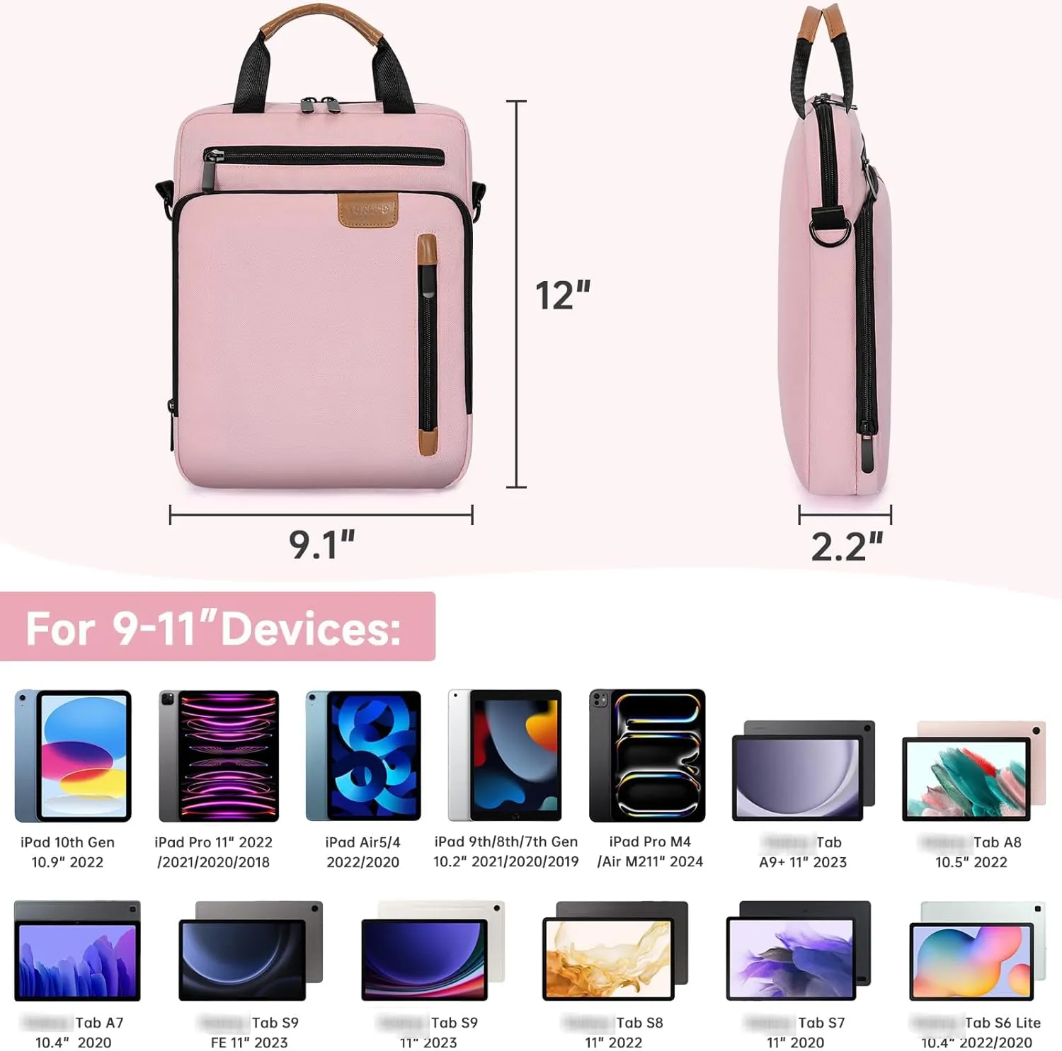 9-11 Inch Tablet Sleeve Bag,Padded Protective Travel Carrying Case for iPad Pro M4 11", iPad Air M2 5/4th 10.9", Air 3th 10.5", iPad 10th 10.9", 9/8/7th 10.2", Samsung Tab A9 /A8/A7/S8/S7, Pink