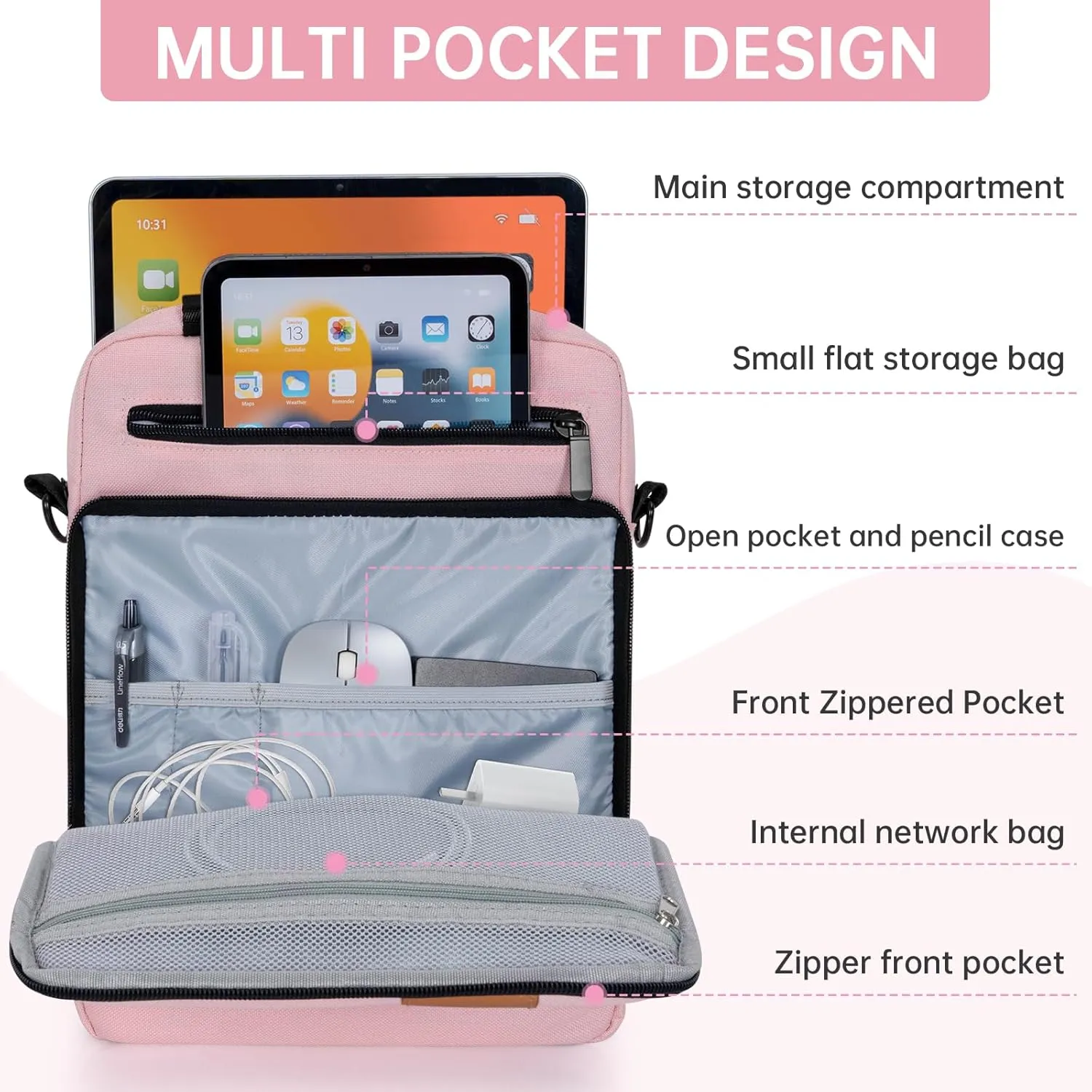 9-11 Inch Tablet Sleeve Bag,Padded Protective Travel Carrying Case for iPad Pro M4 11", iPad Air M2 5/4th 10.9", Air 3th 10.5", iPad 10th 10.9", 9/8/7th 10.2", Samsung Tab A9 /A8/A7/S8/S7, Pink