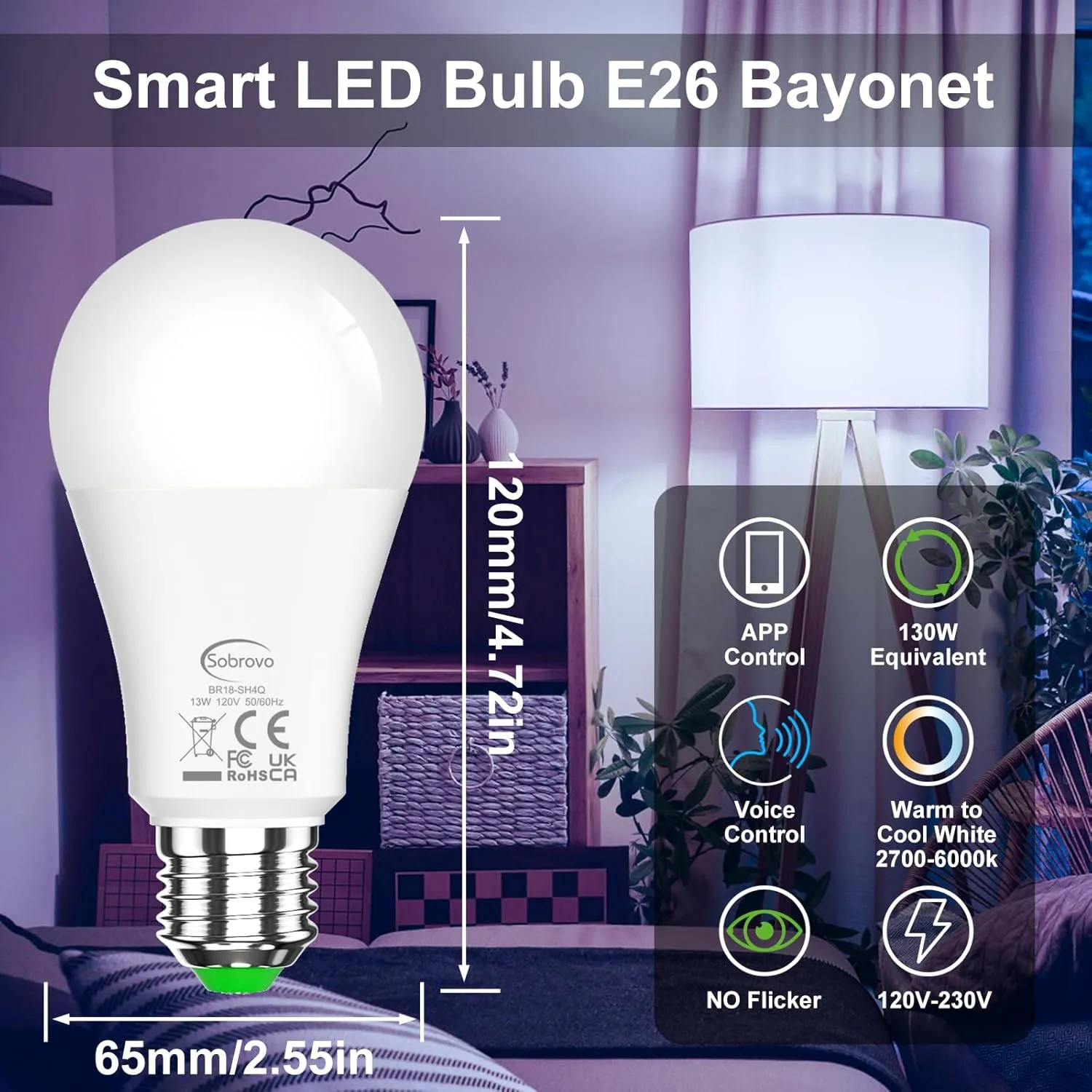Alexa Led Light Bulbs, A19 E26 Base Smart Bulb, 130W Equivalent, Warm White to Daylight, 13 Watt Bluetooth Remote Control Light Bulb,Energy Saving,for Kitchen Bedroom Indoor,6PC