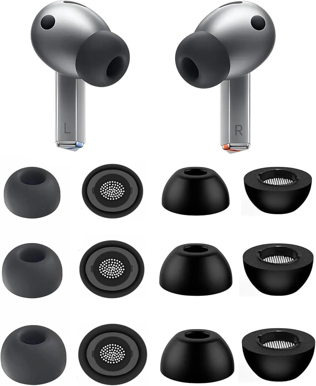 ALXCD Ear Tips Compatible with Galaxy Buds 3 Pro Earbuds SM-R630N, S M L Sizes 3 Pairs Memory Foam Replacement Earbuds Tips, 3 Pairs Silicone Eartips, Compatible with Galaxy Buds 3 Pro 6 6 Gray Black