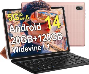 Android 14 Tablet 10 Inch Tablets, 20GB 128GB/1TB Expandable, Tablets with Octa-Core, WiFi 6, Dual Camera, BT 5.0, 6000mAh Battery, HD IPS Display, Widevine L1, Tablet with Keyboard Mouse - Rose Gold