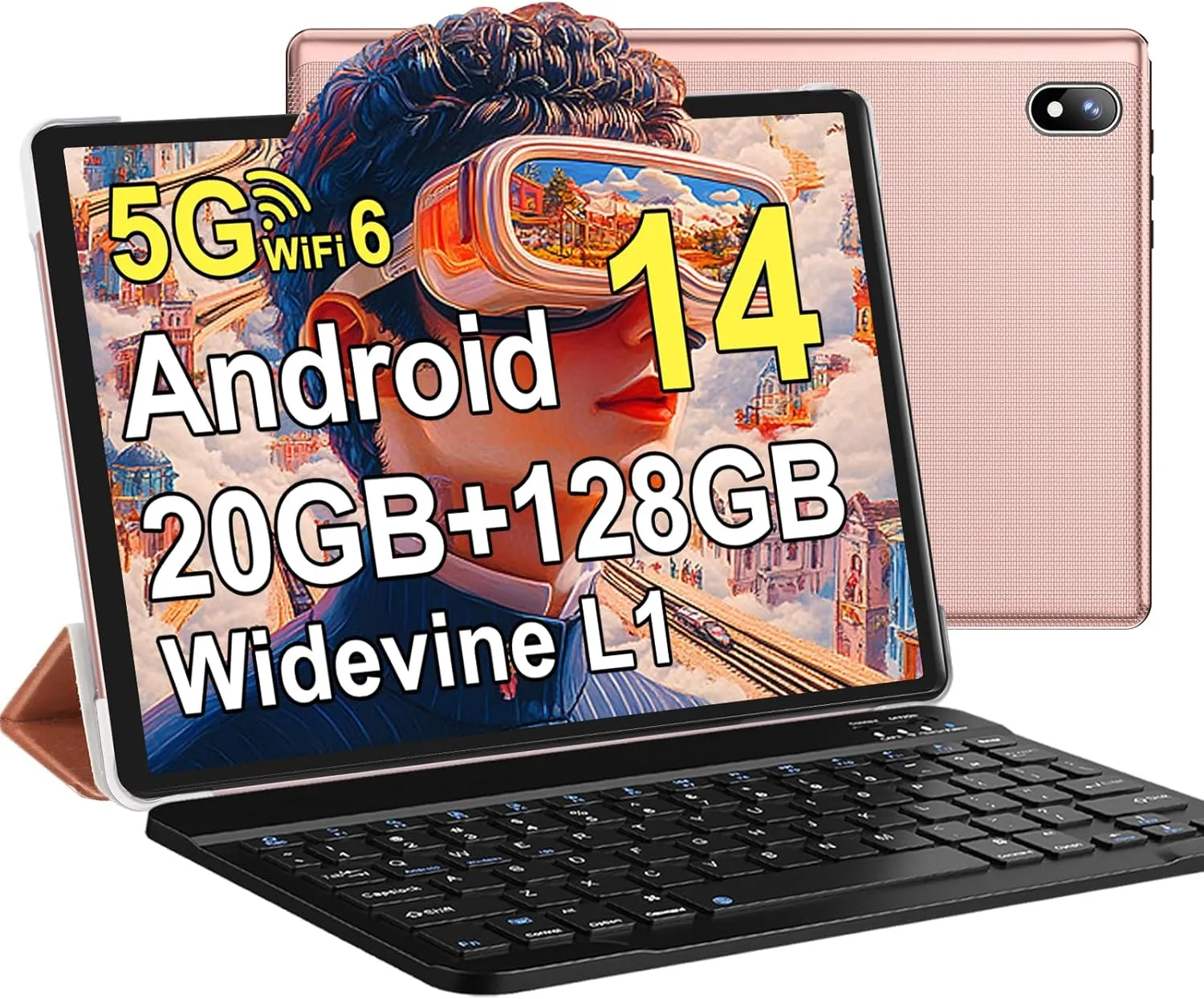 Android 14 Tablet 10 Inch Tablets, 20GB 128GB/1TB Expandable, Tablets with Octa-Core, WiFi 6, Dual Camera, BT 5.0, 6000mAh Battery, HD IPS Display, Widevine L1, Tablet with Keyboard Mouse - Rose Gold