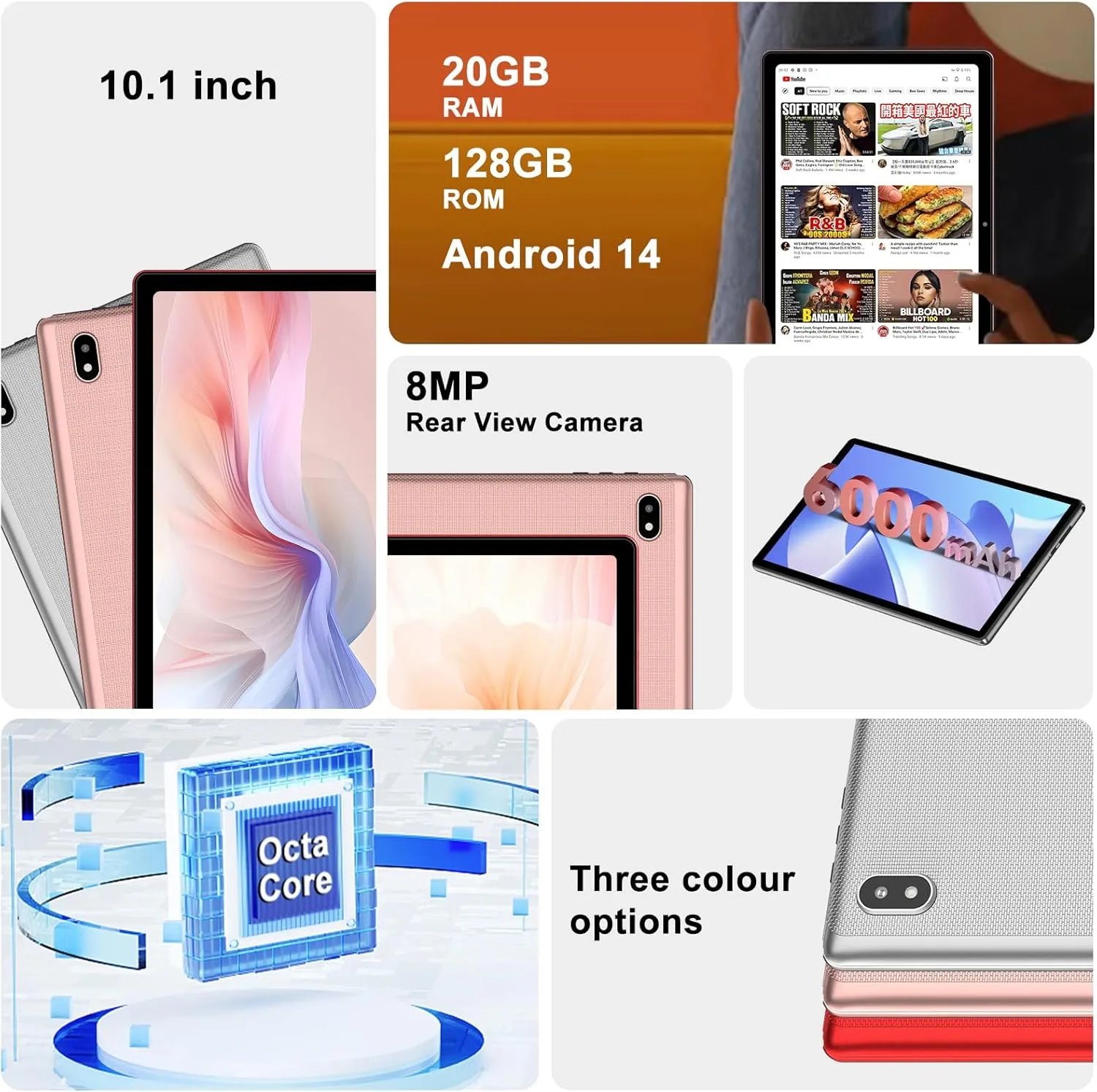 Android 14 Tablet 10 Inch Tablets, 20GB 128GB/1TB Expandable, Tablets with Octa-Core, WiFi 6, Dual Camera, BT 5.0, 6000mAh Battery, HD IPS Display, Widevine L1, Tablet with Keyboard Mouse - Sliver