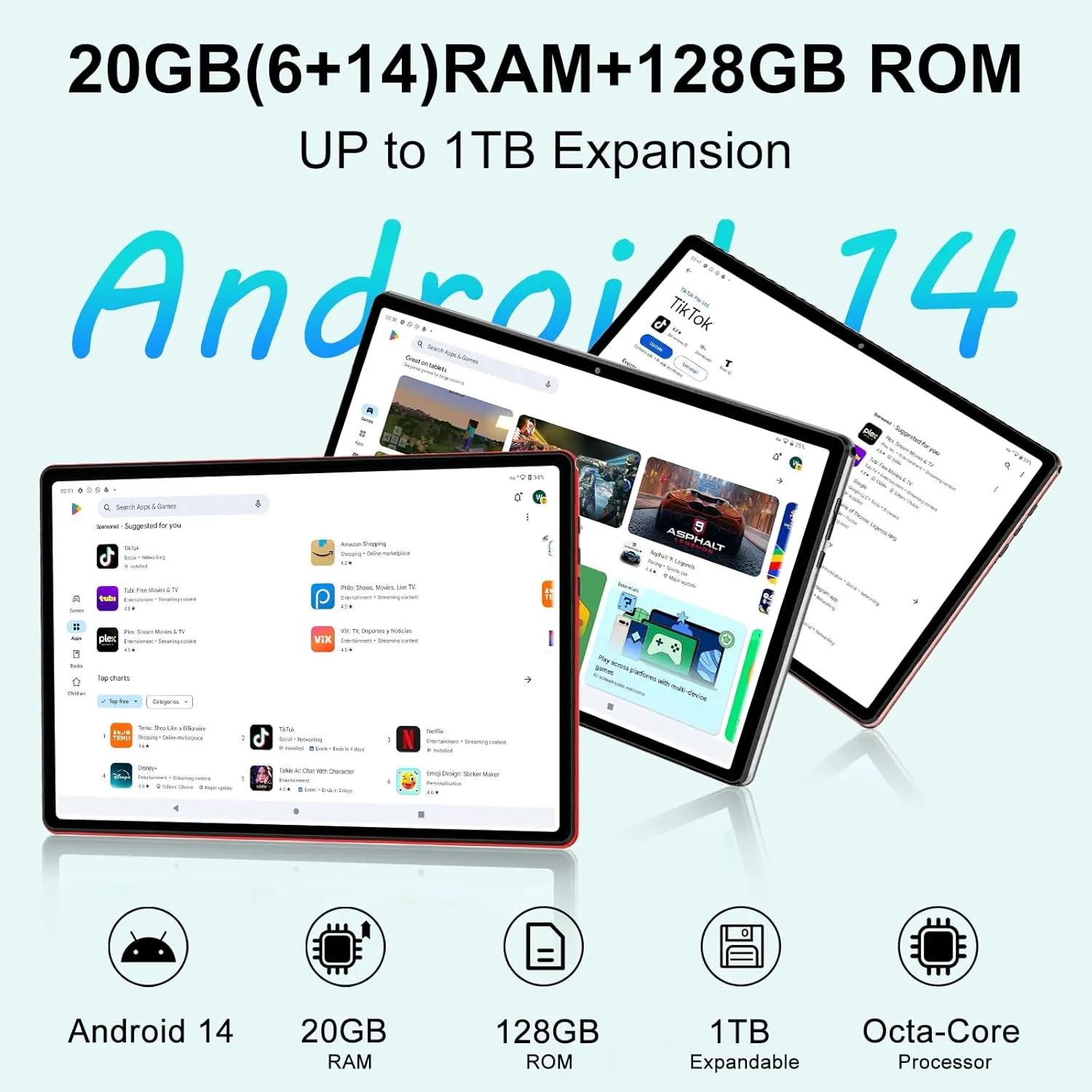 Android 14 Tablet 10 Inch Tablets, 20GB 128GB/1TB Expandable, Tablets with Octa-Core, WiFi 6, Dual Camera, BT 5.0, 6000mAh Battery, HD IPS Display, Widevine L1, Tablet with Keyboard Mouse - Sliver
