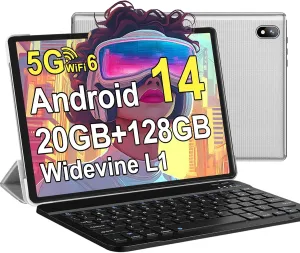 Android 14 Tablet 10 Inch Tablets, 20GB 128GB/1TB Expandable, Tablets with Octa-Core, WiFi 6, Dual Camera, BT 5.0, 6000mAh Battery, HD IPS Display, Widevine L1, Tablet with Keyboard Mouse - Sliver
