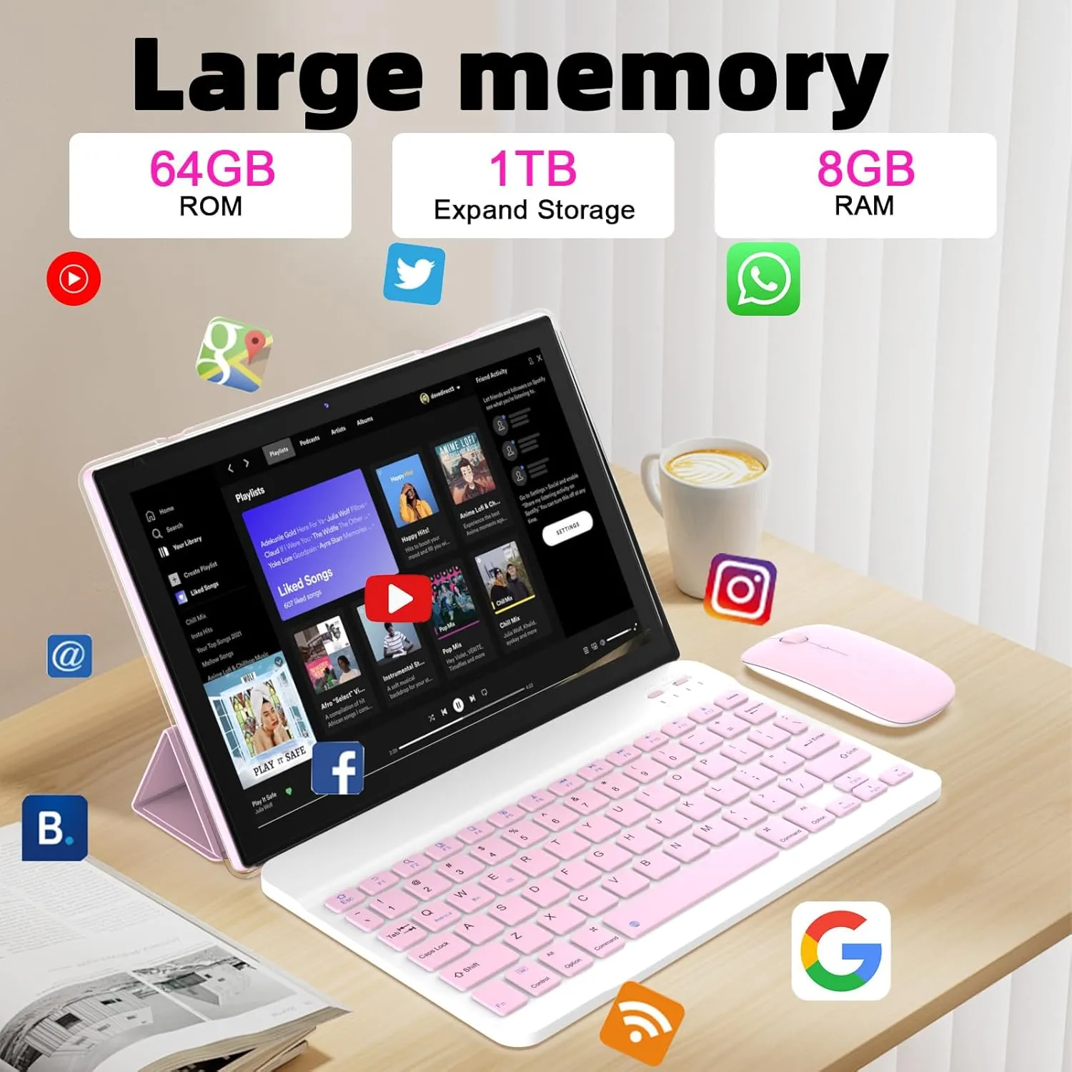 Android 14.0, 10.1 Inch Tablet with Keyboard Case, 8GB 64GB ROM/1TB Expand Tablets, Quad Core, HD Touch Screen, Dual Carema, Games, 2.4G/5G Wi-Fi 6, BT, Google GMS Certified
