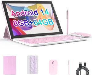 Android 14.0, 10.1 Inch Tablet with Keyboard Case, 8GB 64GB ROM/1TB Expand Tablets, Quad Core, HD Touch Screen, Dual Carema, Games, 2.4G/5G Wi-Fi 6, BT, Google GMS Certified