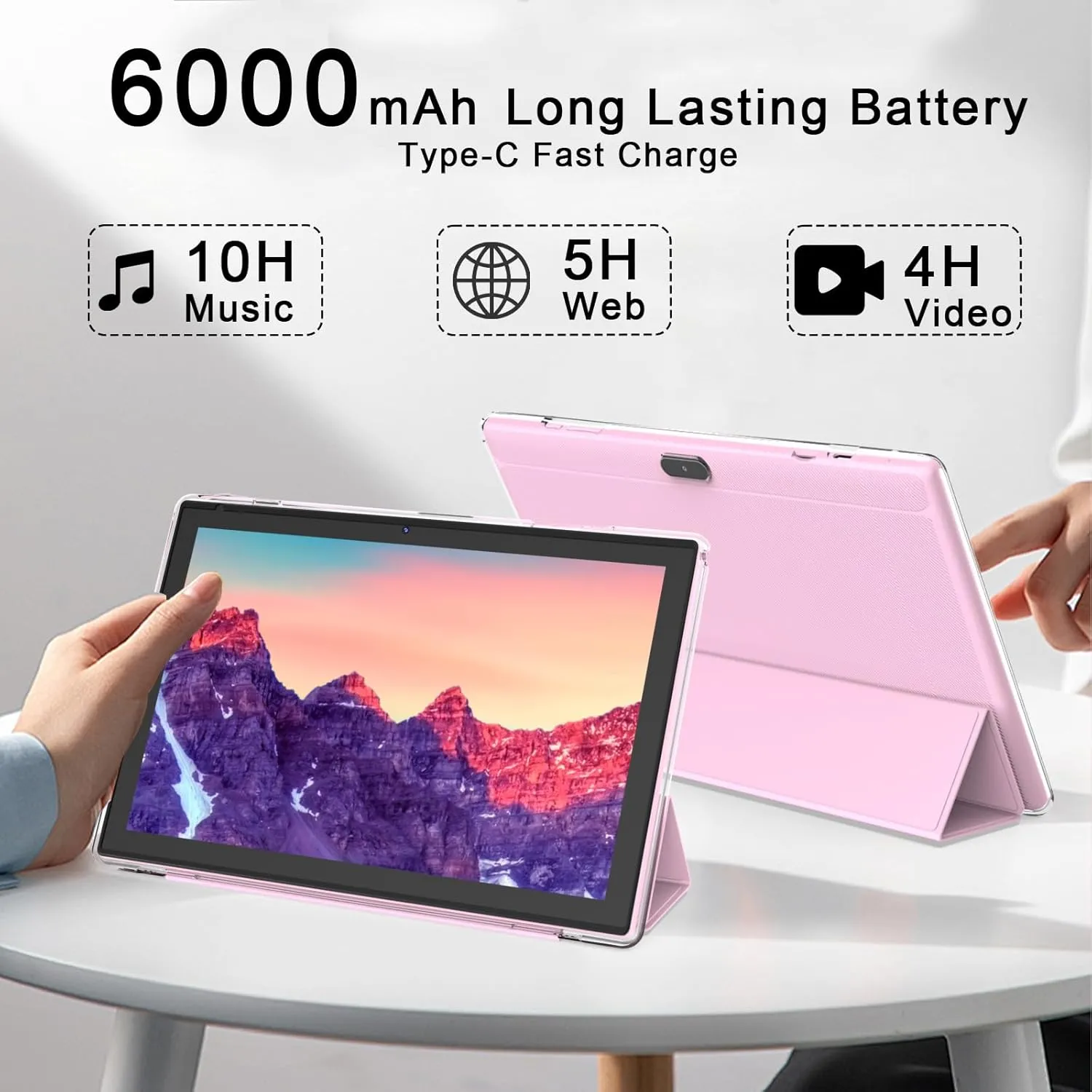 Android 14.0, 10.1 Inch Tablet with Keyboard Case, 8GB 64GB ROM/1TB Expand Tablets, Quad Core, HD Touch Screen, Dual Carema, Games, 2.4G/5G Wi-Fi 6, BT, Google GMS Certified