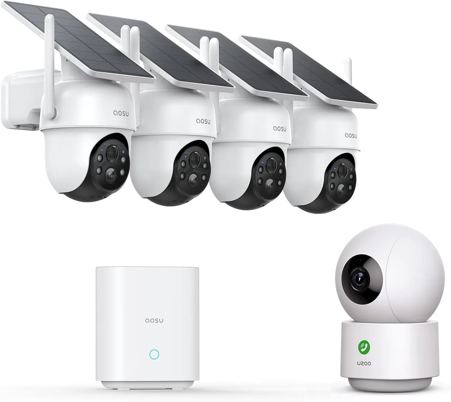 AOSU Solar Security Cameras Outdoor Wireless, 4 Cam-Kit, No Subscription & AOSU 360 Indoor Security Camera, Baby Monitor