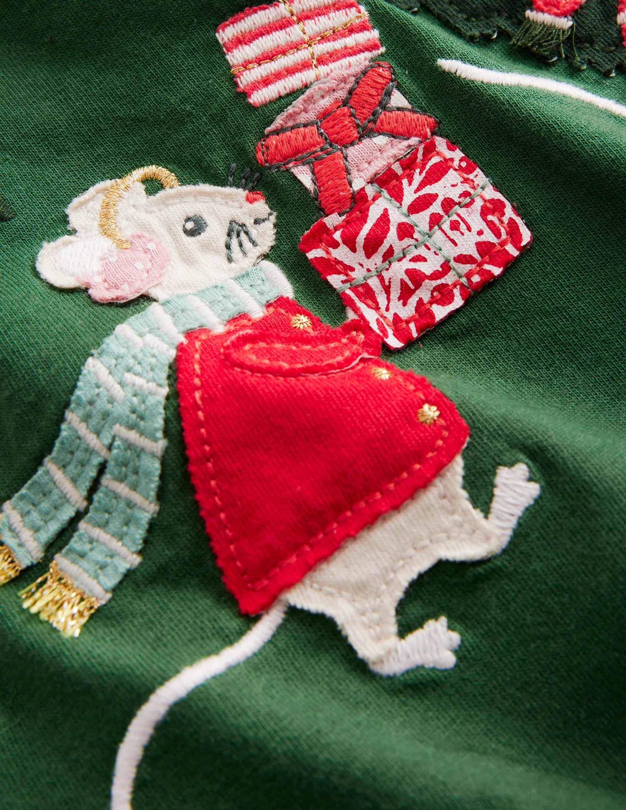 Appliqué Puff-Sleeve Top-Amazon Green Festive Mice