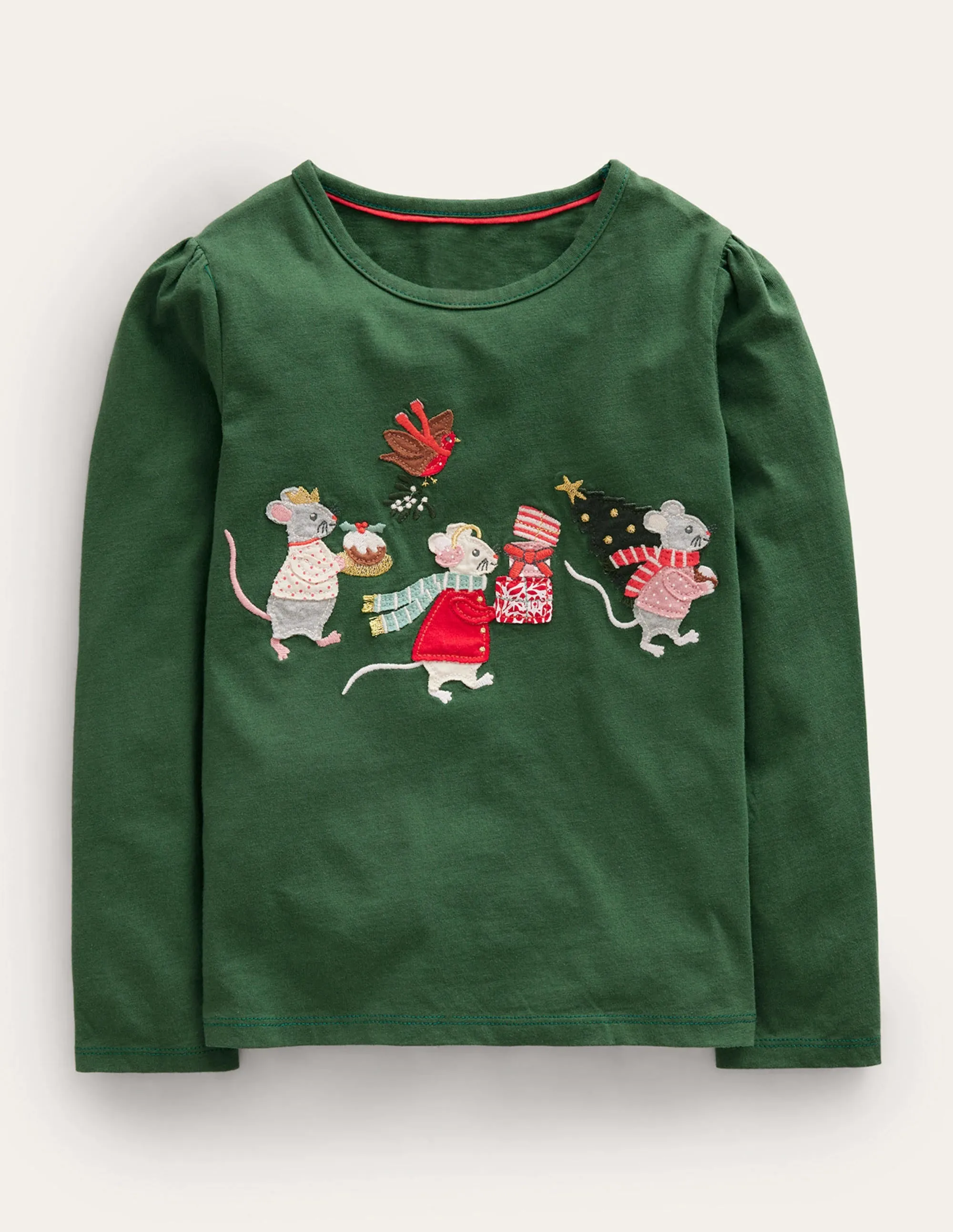 Appliqué Puff-Sleeve Top-Amazon Green Festive Mice