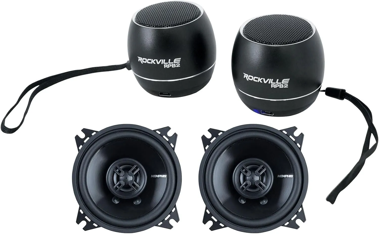 Audiosavings Bundle: Pair SRX42V 4" 60 Watt Slim Car Stereo Speakers Bundle with Pair Rockville RPB3-BLACK Handheld Wireless Linking Portable Bluetooth Speakers (2 Items)
