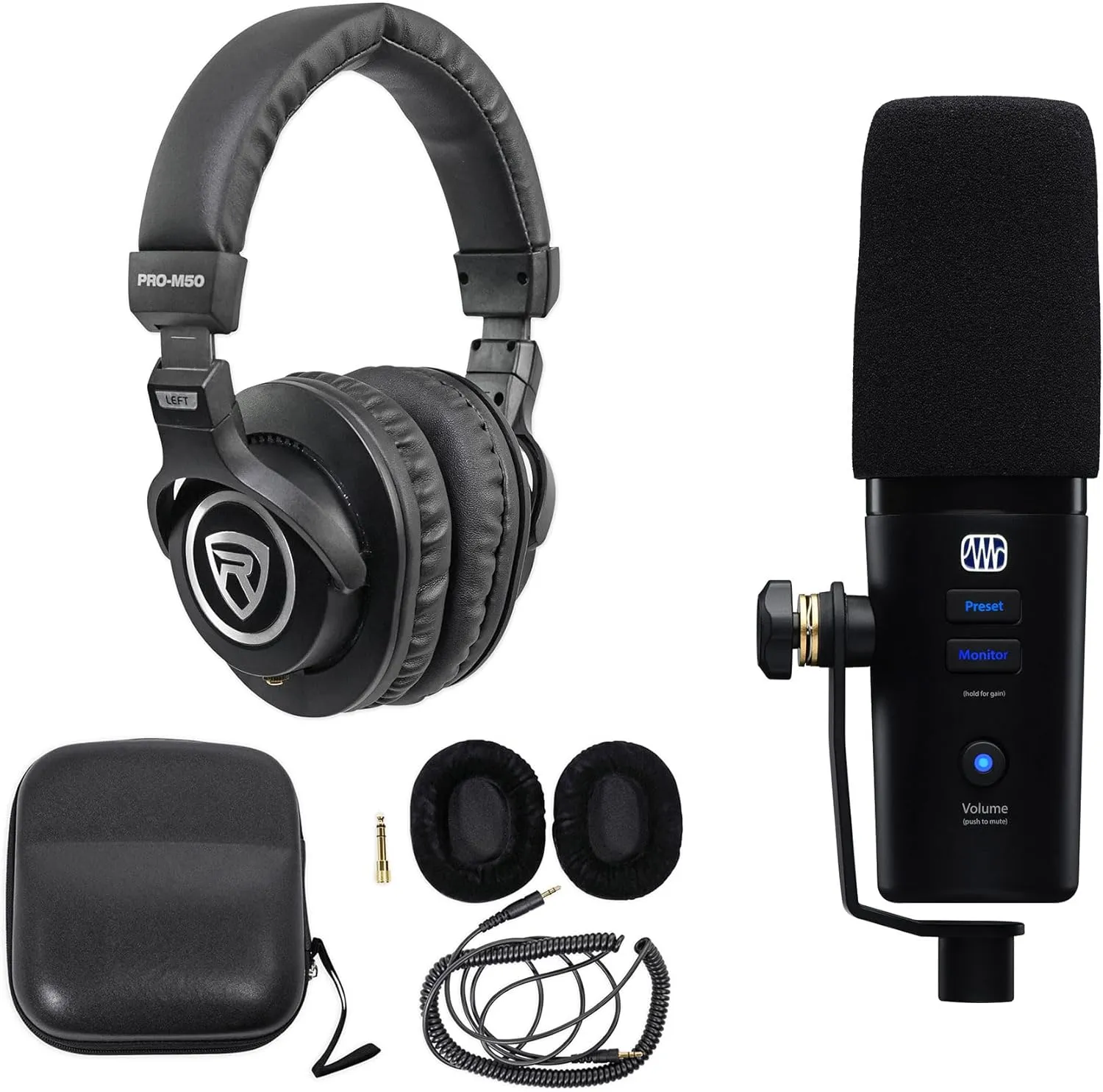 Audiosavings Bundle: Presonus Revelator Dynamic USB-C Microphone for Recording/Streaming/Podcasting Bundle with Rockville PRO-M50 Studio Headphones w/Detachable Coil Cable, Case Ear Pad (2 Items)