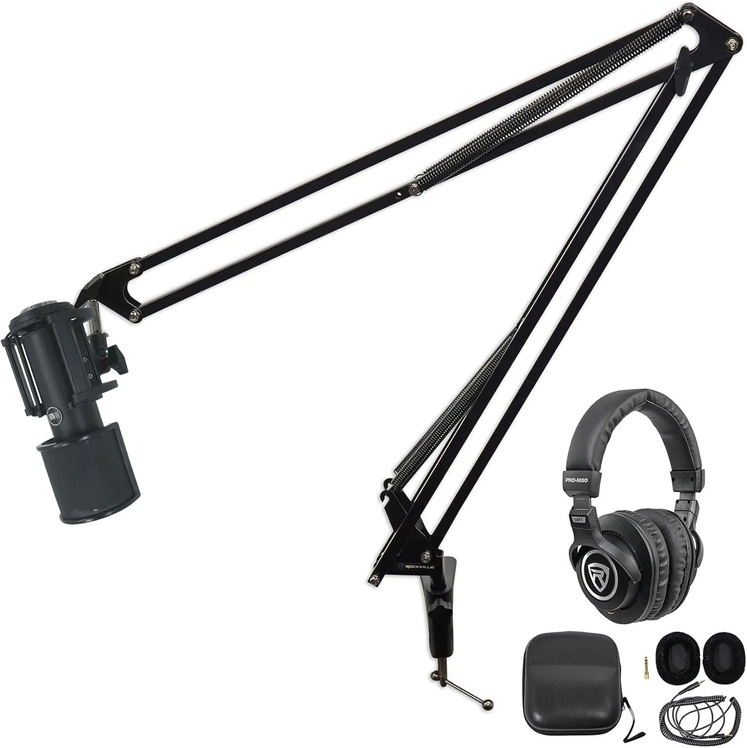 Audiosavings Bundle: Rockville DMS40 40" Microphone Boom Arm Mic Stand Desk Clamp Bundle w/Rockville PRO-M50 Studio Headphones  Warm Audio Condenser Recording Microphone Shockmount (3 Items)