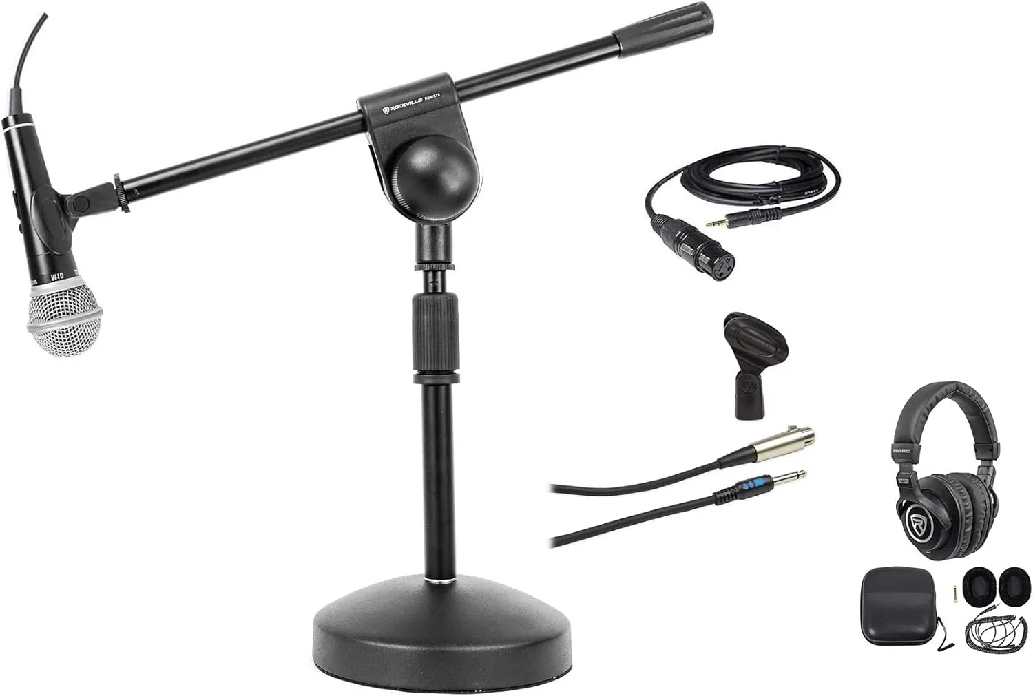 Audiosavings Bundle: Rockville PRO-M50 Studio Headphones Bundle with Rockville RDMS70 Desktop Mic Stand & Rockville RXLR AUX Cable, R21S Dynamic Microphon (4 Items)
