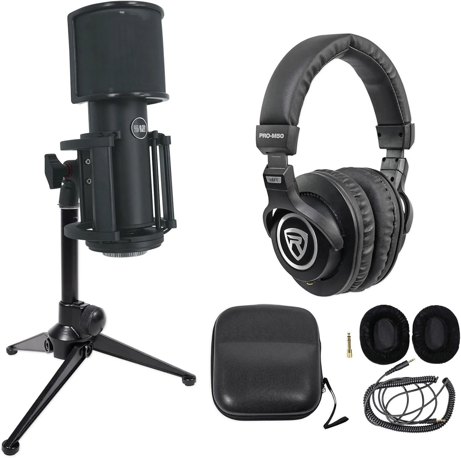 Audiosavings Bundle: Rockville PRO-M50 Studio Headphones w/Detachable Coil Cable, Case Bundle w/Rockville RDTS Tripod Microphone Stand  Warm Audio Condenser Microphone Shockmount (3 Items)