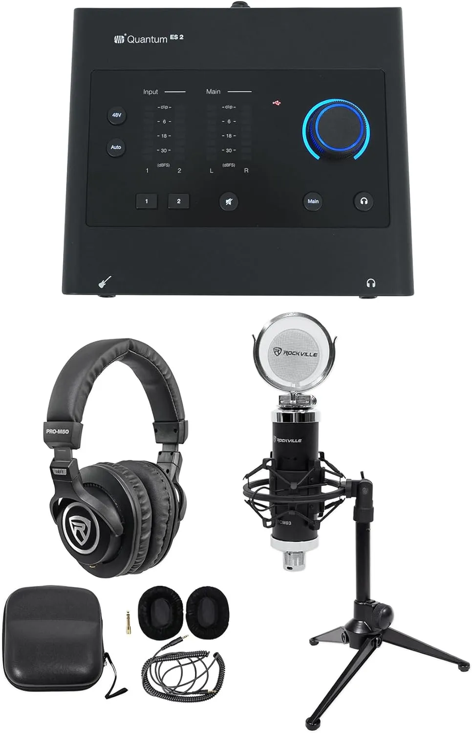 Audiosavings Bundle:(1) Presonus Quantum ES2 USB-C Audio Recording Interface Bundle with (1) Studio Recording Condenser Mic,(1) Studio Headphones,(1) Studio Desktop Tripod Microphone Stand (4 Items)
