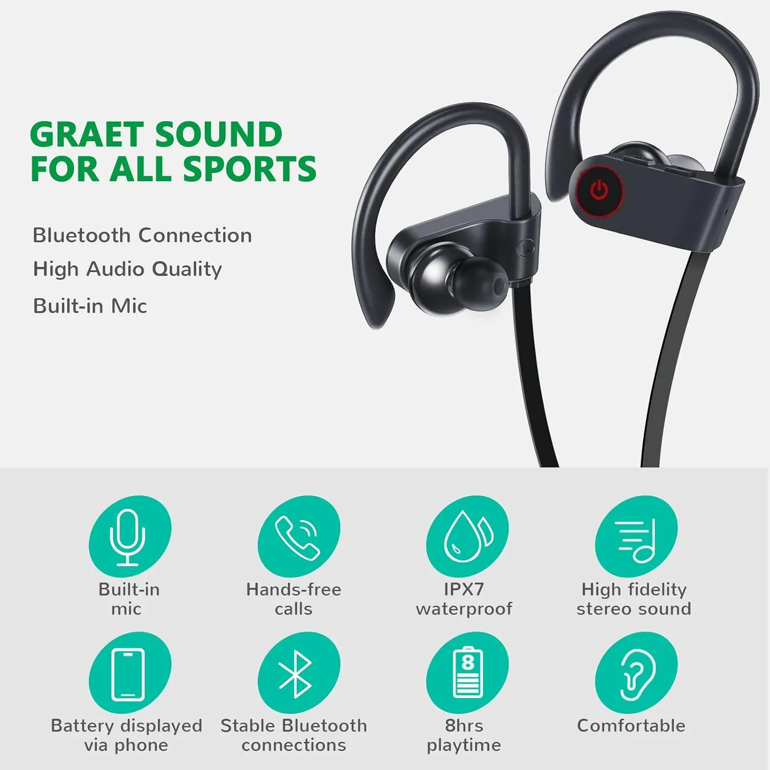 Bluetooth Headphones,IPX7 Waterproof Wireless Sport Earbuds in-Ear, HiFi Bass Stereo Running Headphones with Noise Canceling Mic for Workout Fitness Gym, Up to 10 Hours Playtime,BlackGray