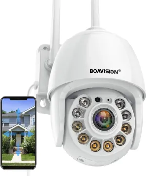 BOAVISION Security Camera Outdoor, Wireless WiFi IP Camera Home Security System 360 View,Motion Detection, auto Tracking,Two Way Talk,HD 1080P pan Tile Full Color Night Vision