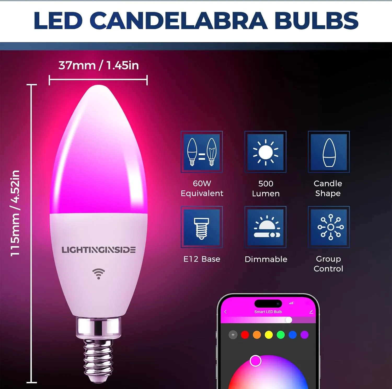 Candelabra Smart Light Bulbs 60W Equivalent, 500LM 6W E12 LED Bulb Compatible with Alexa/Google Home, RGBCW Candle Bulb for Chandelier, No Hub Required, 2.4G WiFi Only, ETL Listed, 6PCS