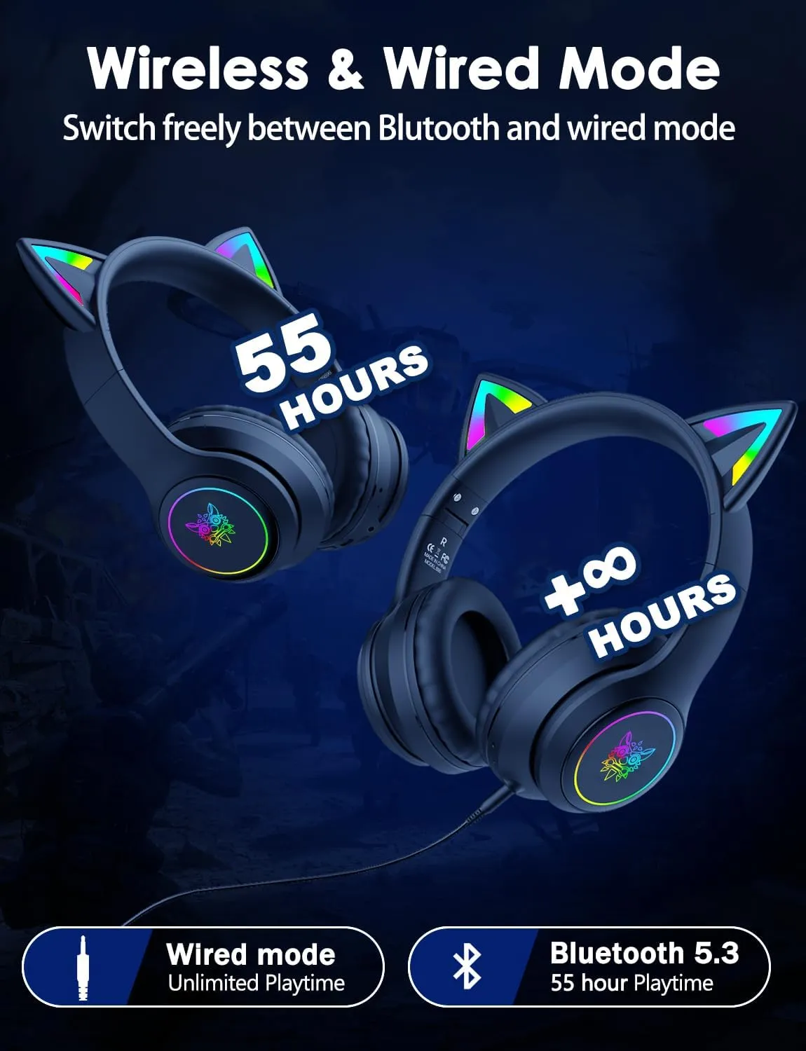 Cat Ear Bluetooth Headphones for Kids & Adults, 55H Play Time, Wireless Foldable & Wired Multi-Function LED Light Up Over Ear Headphones with Mic and Volume Control for iPhone/iPad/Laptop/PC