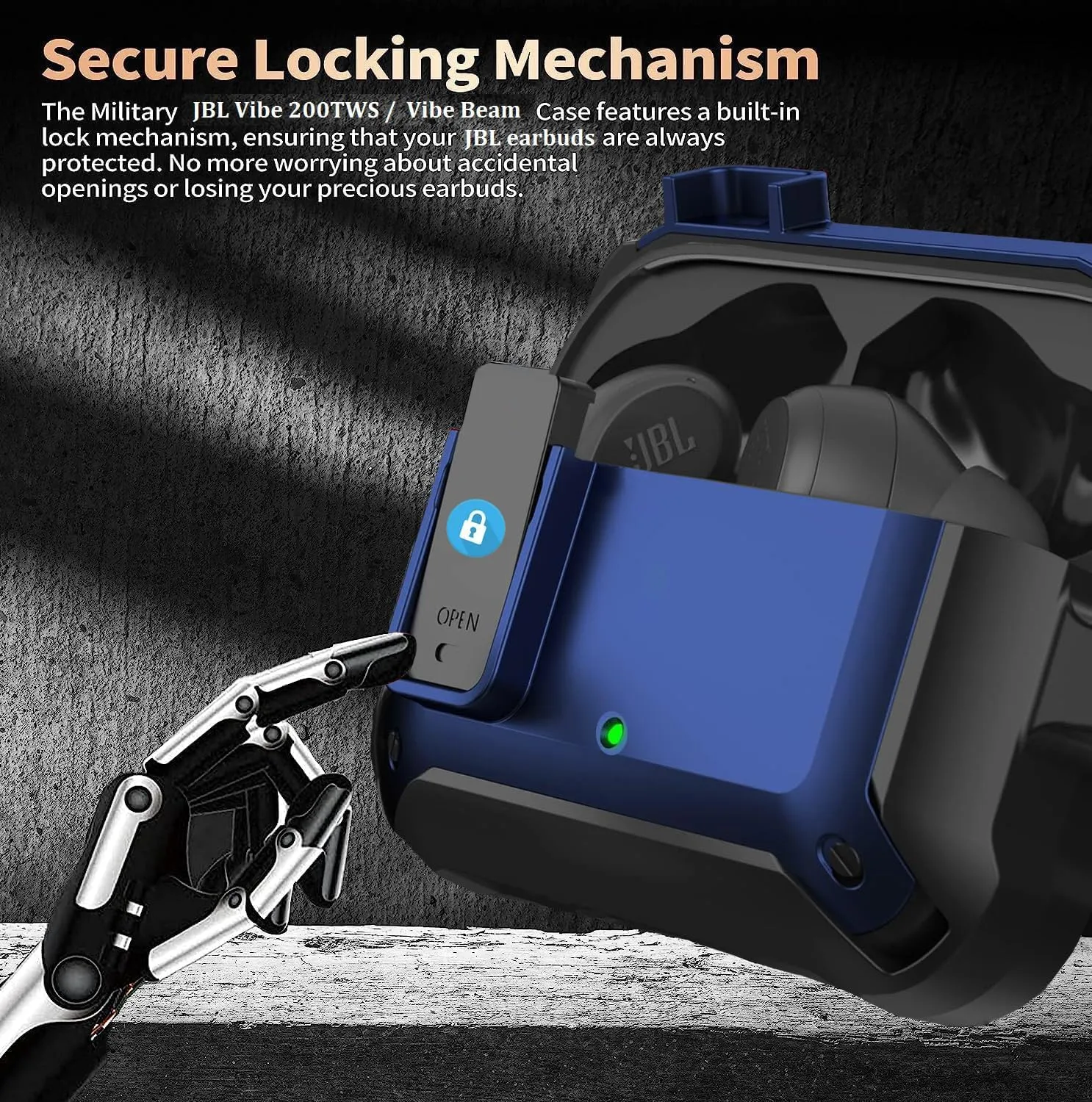 Compatible with JBL Vibe 200TWS/JBL Vibe Beam Case Cover Lock Clip with Cleaner Kit,Cool Protective Cover Men Women with Carabiner for JBL Vibe Beam 2 Charging Case - Blue