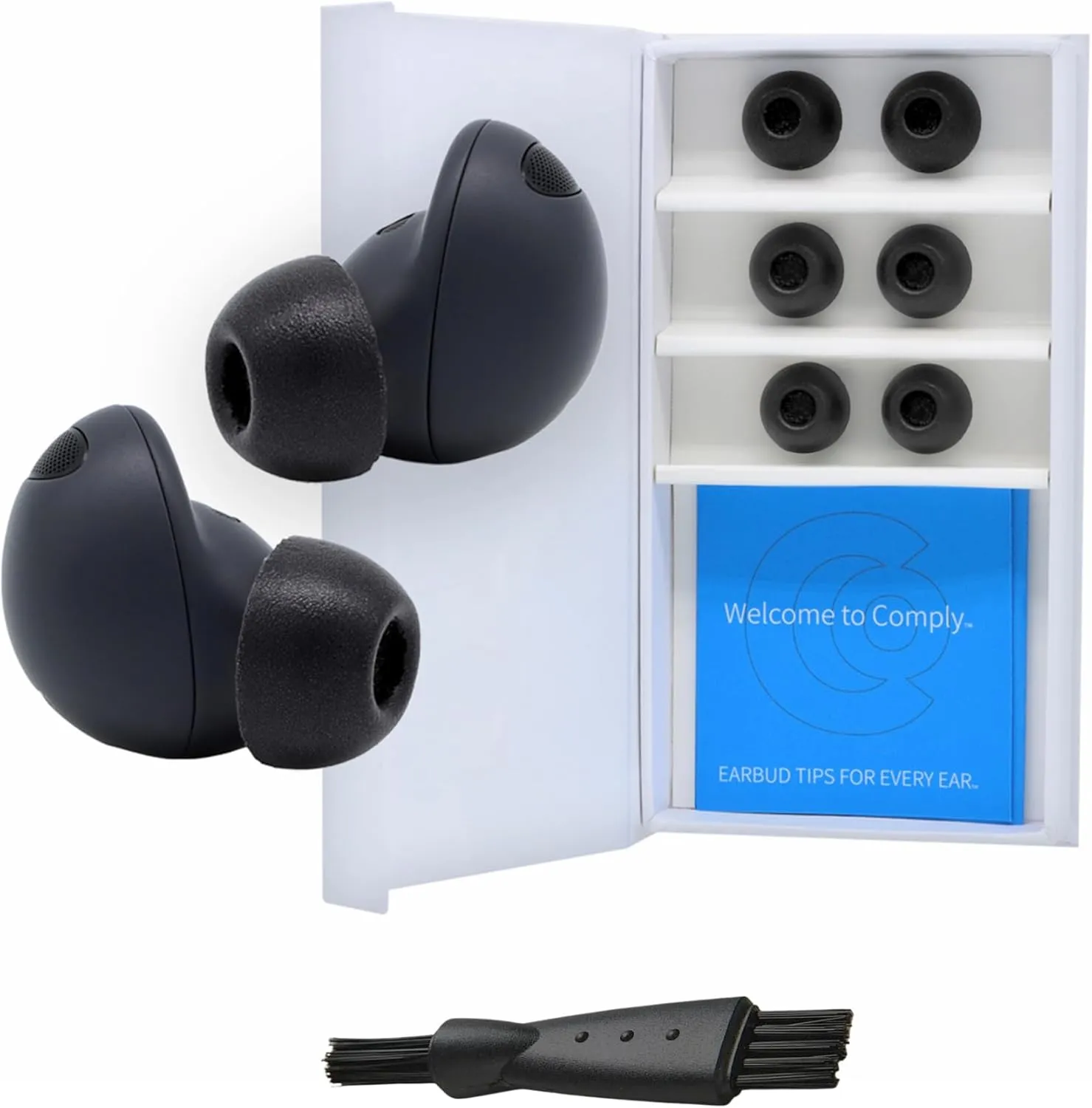 Comply TrueGrip | Premium Memory Foam Replacement Earbud Tips for Samsung Galaxy Buds2 Pro | Enhanced Comfort, Secure Fit, Superior Noise Isolation, Cleaning Tool | Black, Medium (3 Pairs)