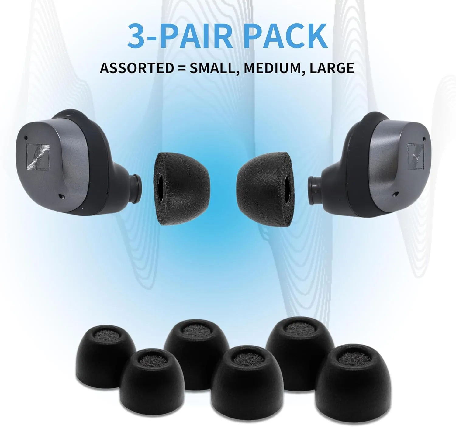 Comply TrueGrip | Premium Memory Foam Replacement Earbud Tips for Sennheiser Momentum 3, 4, ACCENTUM | Enhanced Comfort, Secure Fit, Superior Noise Isolation, Cleaning Tool | Black (S/M/L) (3 Pairs)