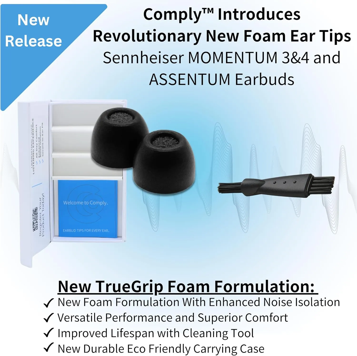 Comply TrueGrip | Premium Memory Foam Replacement Earbud Tips for Sennheiser Momentum 3, 4, ACCENTUM | Enhanced Comfort, Secure Fit, Superior Noise Isolation, Cleaning Tool | Black (S/M/L) (3 Pairs)