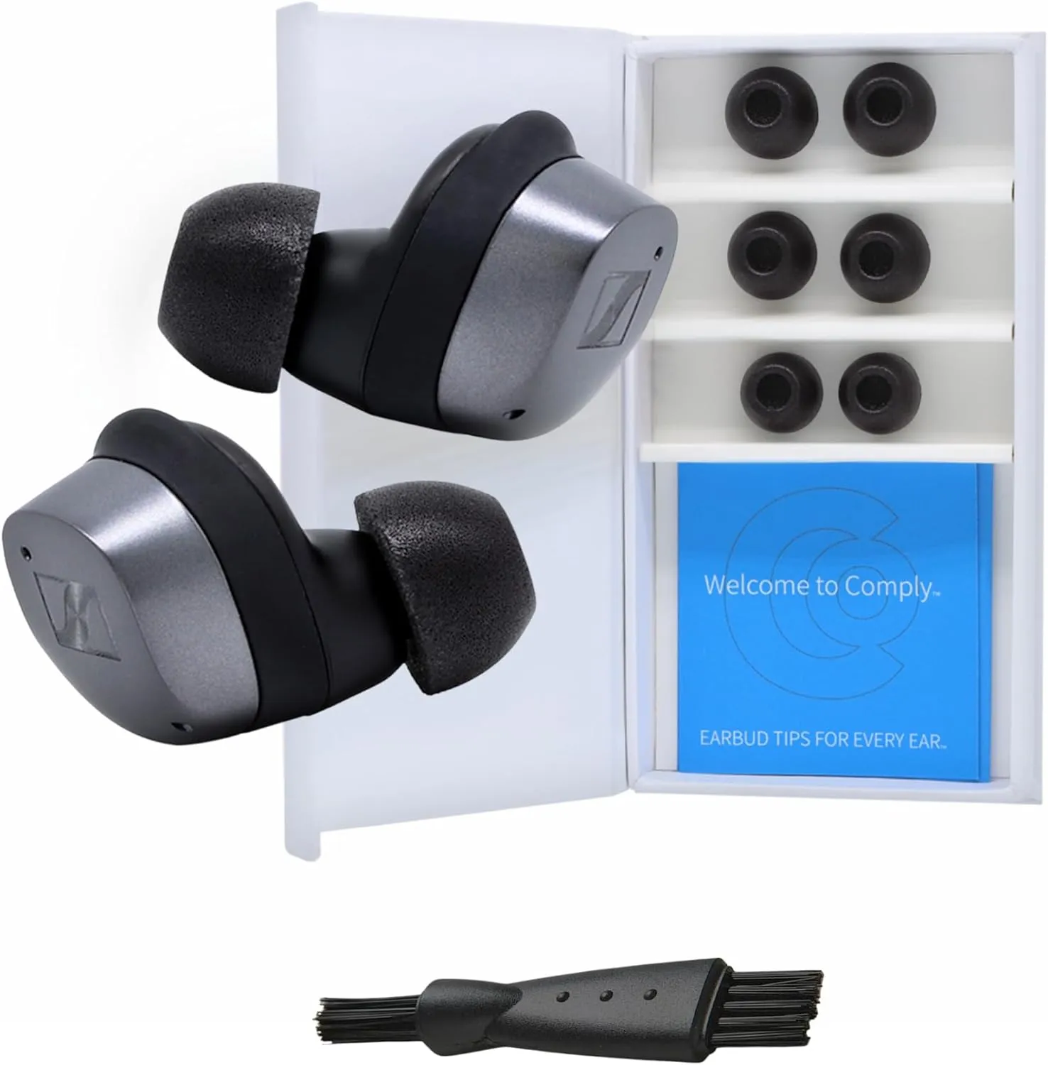 Comply TrueGrip | Premium Memory Foam Replacement Earbud Tips for Sennheiser Momentum 3, 4, ACCENTUM | Enhanced Comfort, Secure Fit, Superior Noise Isolation, Cleaning Tool | Black (S/M/L) (3 Pairs)