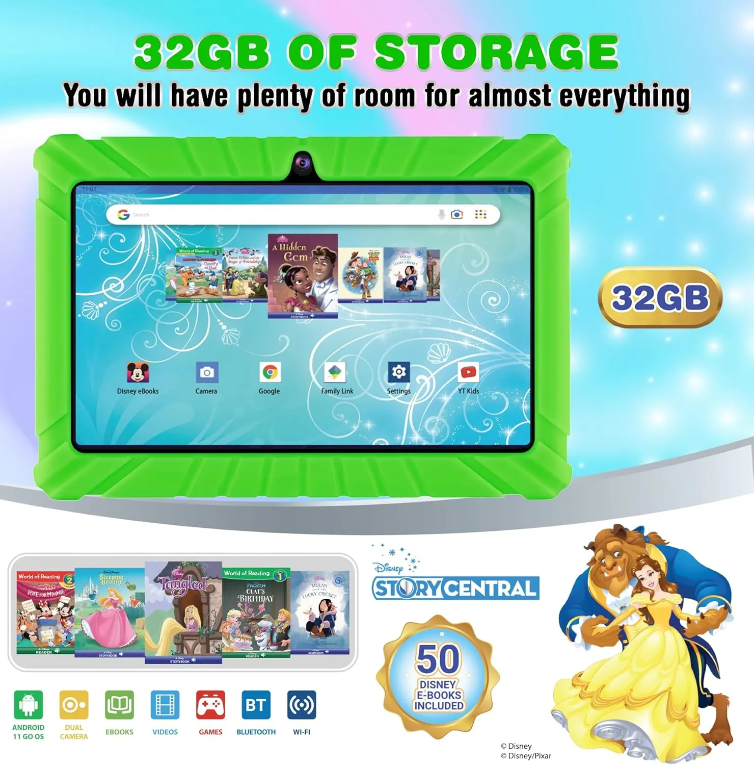 Contixo V8 7" Kids Tablet - 32GB Storage, Pre-Loaded Exclusive 50 Disney Storybooks (Value $200), Android, Parental Controls, Durable Kid-Proof Case - Green